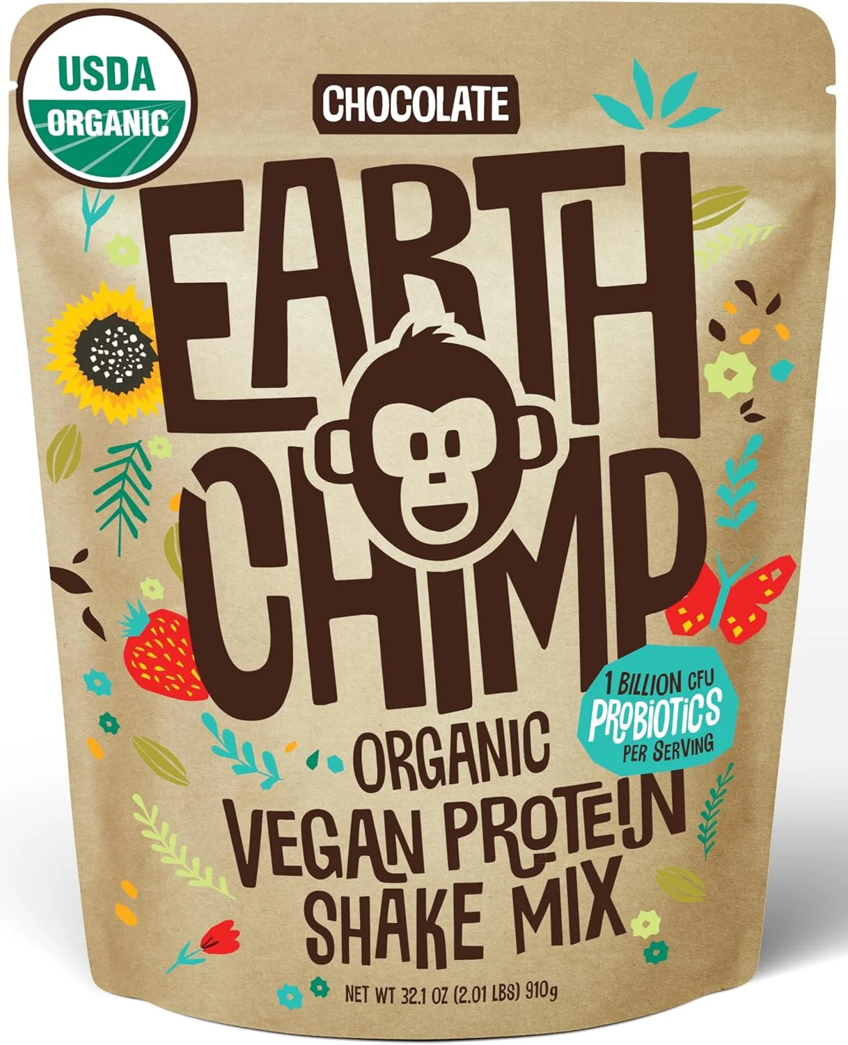 پودر پروتئین وگان ارگانیک EarthChimp - حاوی پروبیوتیک - غیر GMO، بدون لبنیات، بدون آب پنیر، پودر پروتئین گیاهی برای زنان و مردان، بدون گلوتن - 26 سروینگ 32 اونس (شکلاتی)