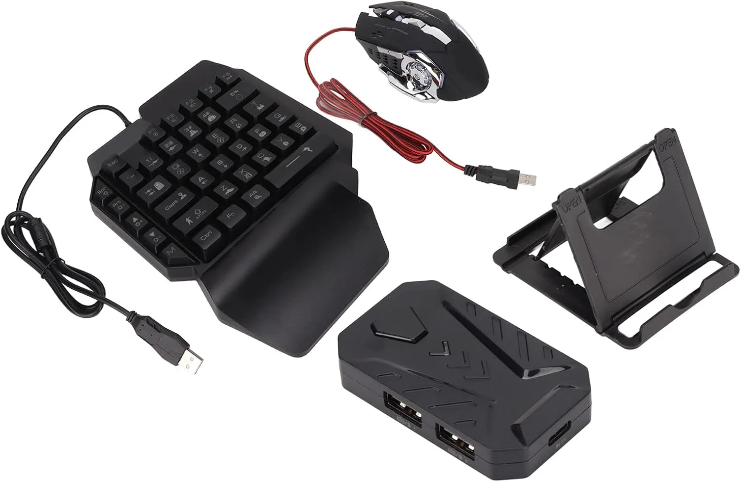 ست کیبورد گیمینگ RGB یک دستی Hilitand، ماوس و مبدل، کیبورد سیم دار 39 کلید با نور پس زمینه LED، ماوس گیمینگ 6 کلید و مجموعه مبدل برای PS4، برای سوییچ و کامپیوتر (مشکی)