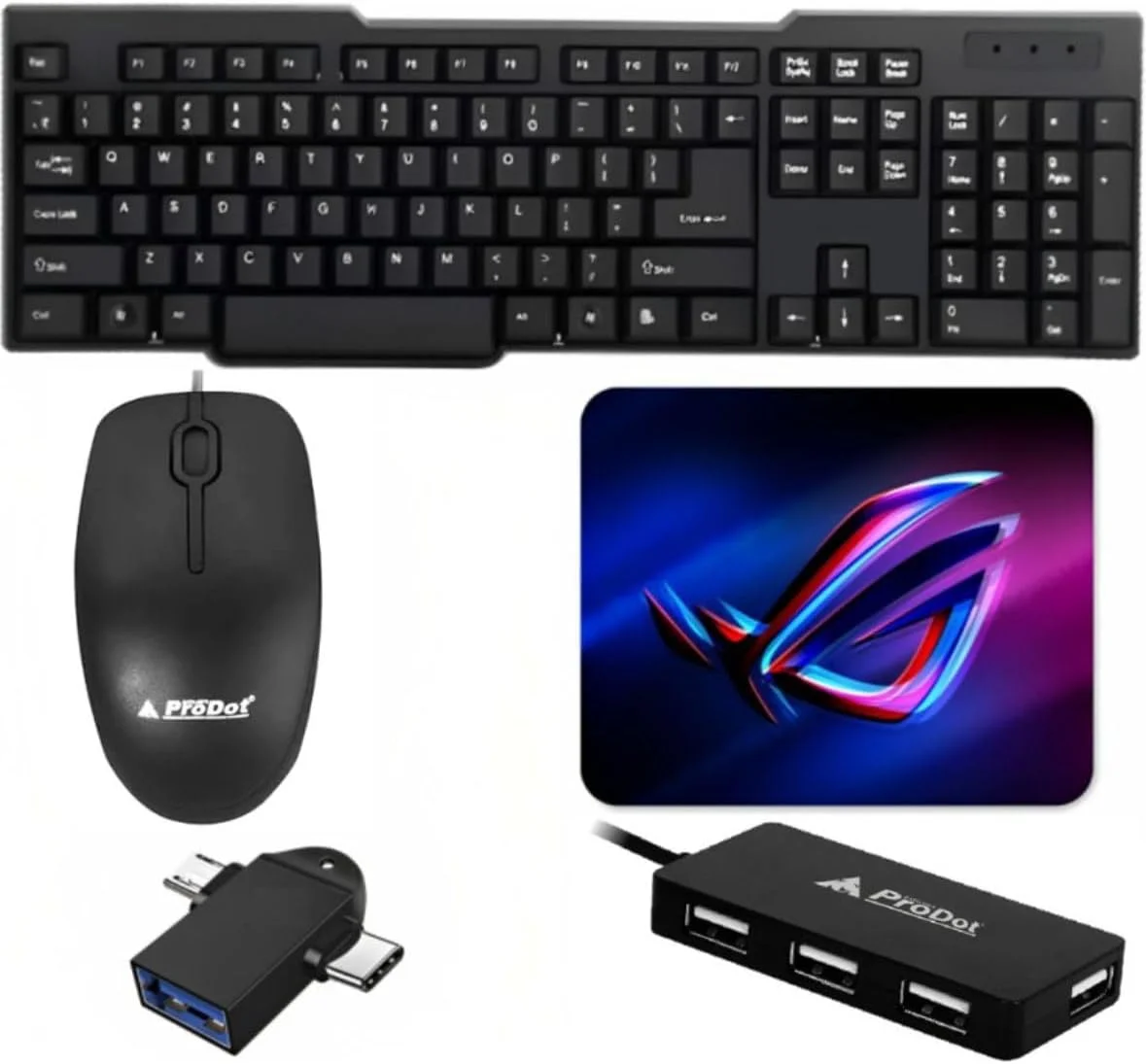 مجموعه 5 عددی ProDot، ترکیبی - کیبورد گیمینگ USB، ماوس گیمینگ ارگونومیک، پد ماوس ضد آب، و هاب USB 4 پورت، آداپتور OTG - سازگار با ویندوز، مک و لینوکس.