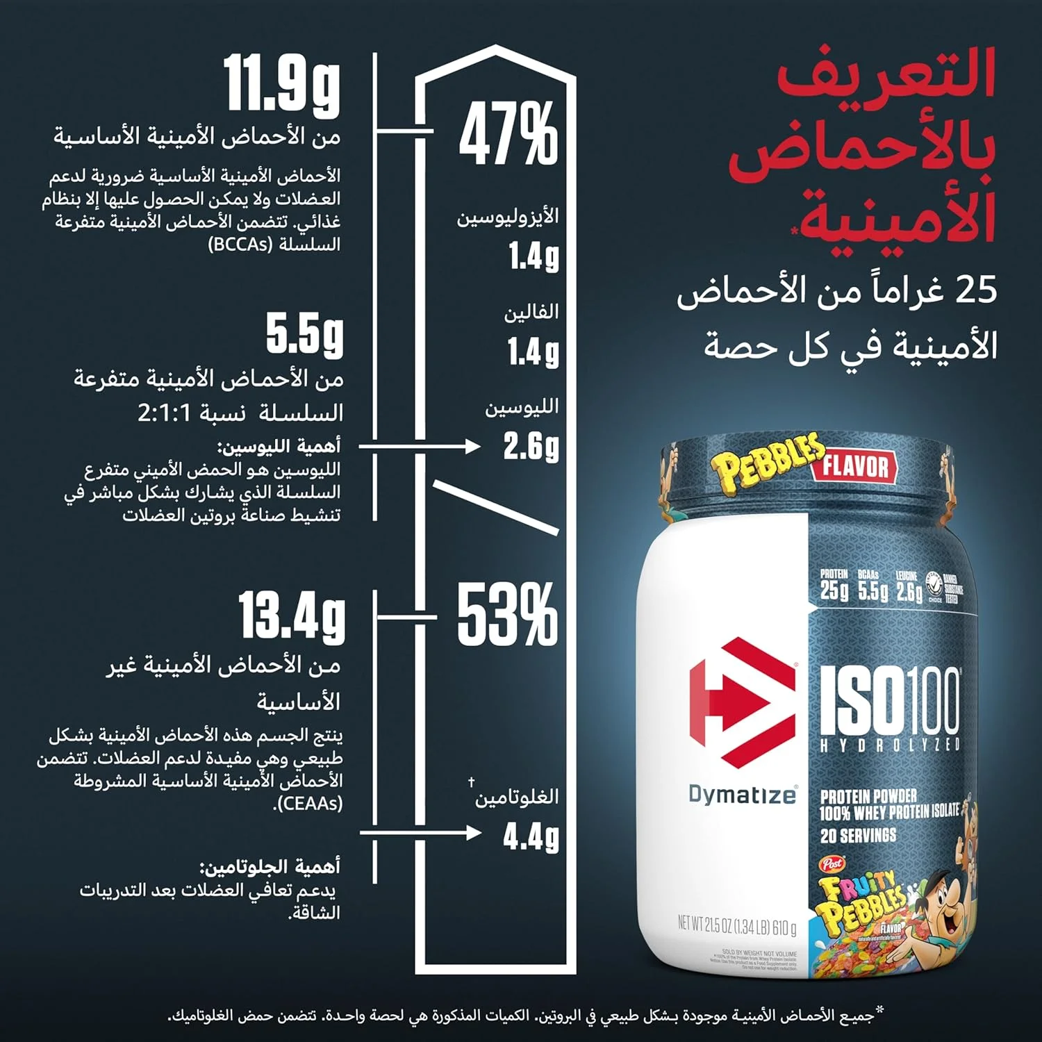 دایماتیز ایزو 100، 20 سروینگ، طعم فروتی پبلز، 610 گرم دایماتیز ایزو 100، 20 سروینگ، طعم فروتی پبلز، 610 گرم