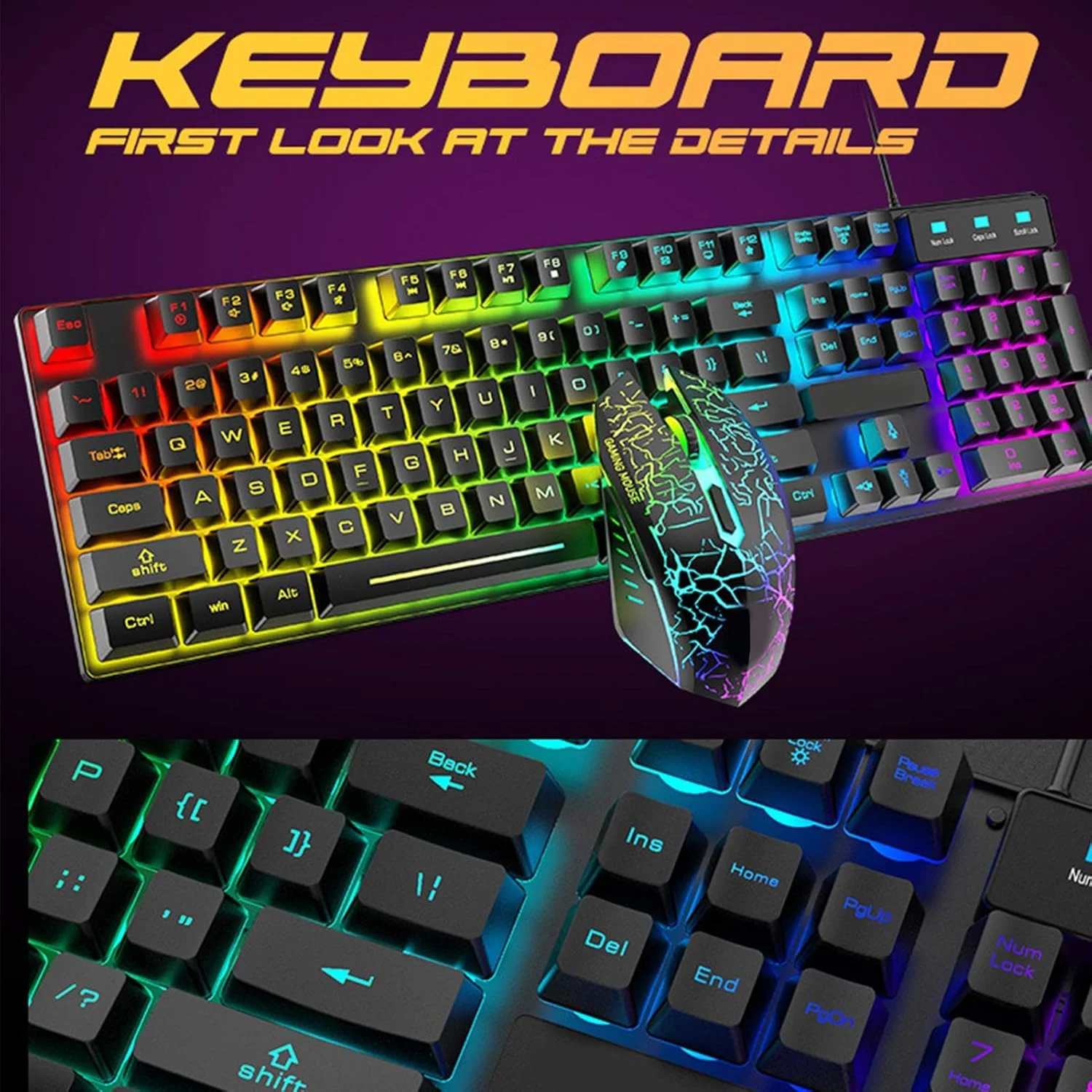 ست کیبورد و ماوس GQCQGS مدل T6 با نور پس زمینه RGB، کیبورد مکانیکی گیمینگ و ماوس برای لپ تاپ و کامپیوتر، کیبورد گیمینگ USB و ماوس با پد ماوس، سازگار با Windows XP/Vista 7/8/10/ OSX