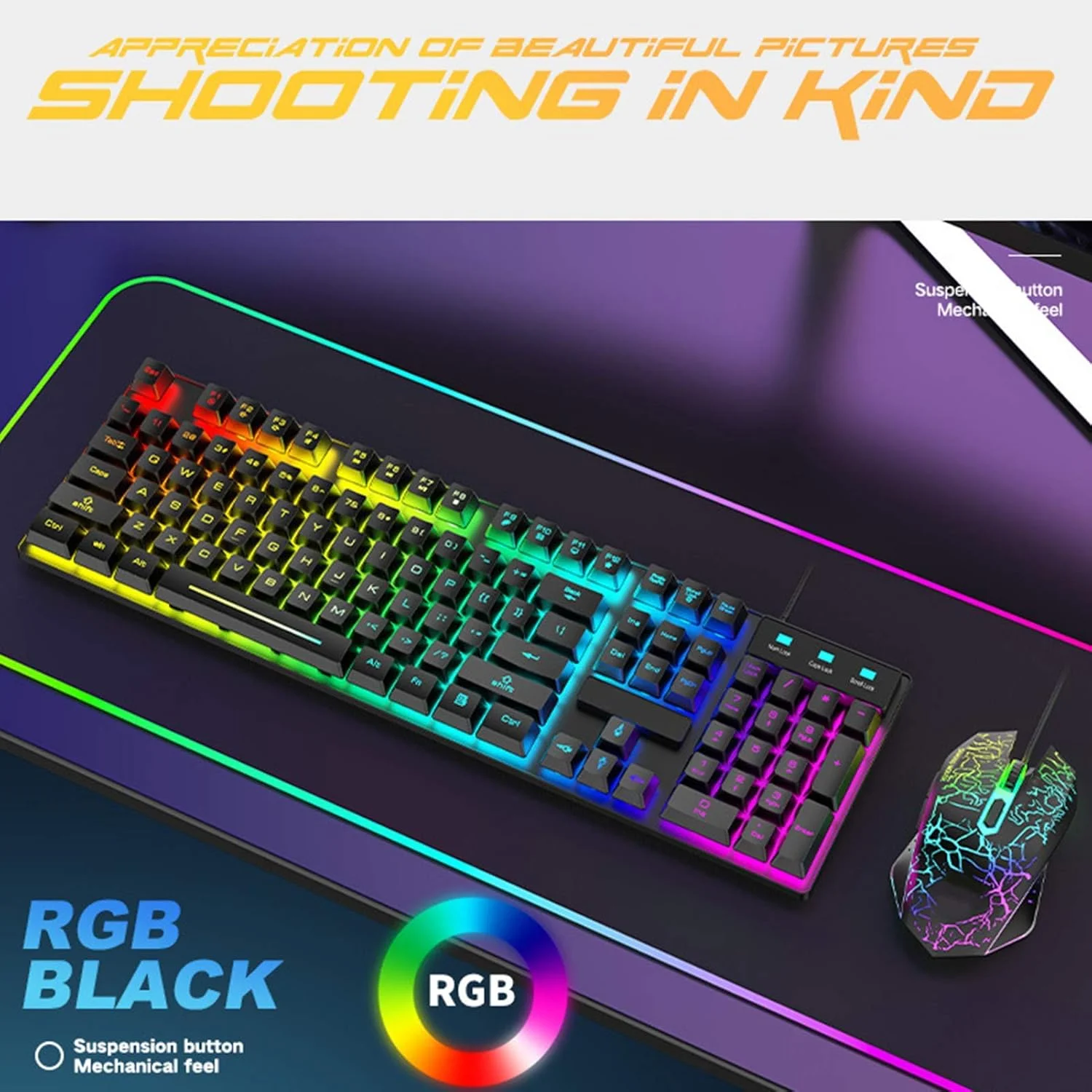 ست کیبورد و ماوس GQCQGS مدل T6 با نور پس زمینه RGB، کیبورد مکانیکی گیمینگ و ماوس برای لپ تاپ و کامپیوتر، کیبورد گیمینگ USB و ماوس با پد ماوس، سازگار با Windows XP/Vista 7/8/10/ OSX