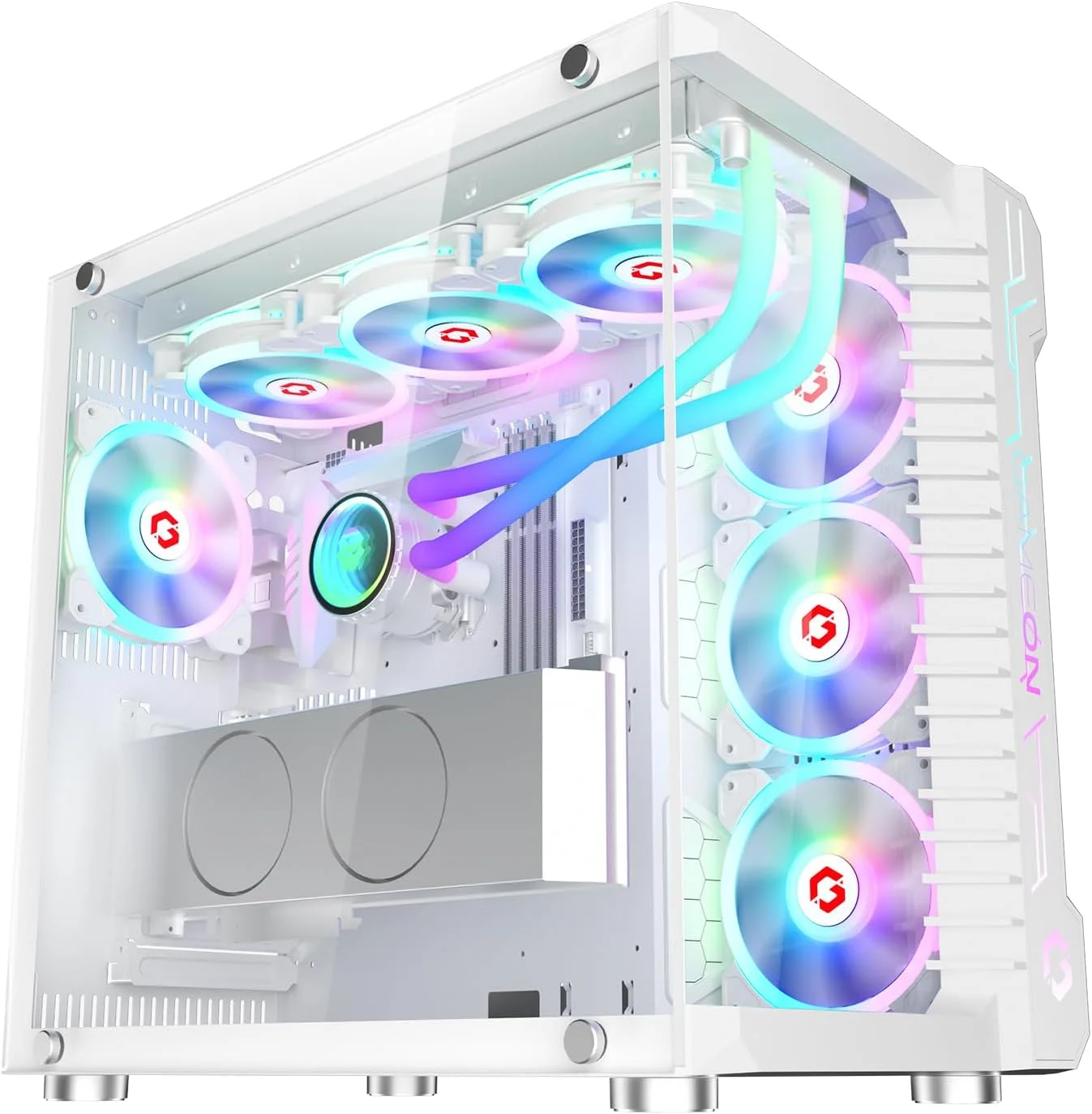 کیس گیمینگ مید تاور GAMEON Emperor Arctic III Series، نورپردازی 120 میلی متری ARGB+PWM، شیشه حرارت دیده، فن های خنک کننده RGB از پیش نصب شده، فیلترهای گرد و غبار، سازگاری گسترده با مادربرد، سفید