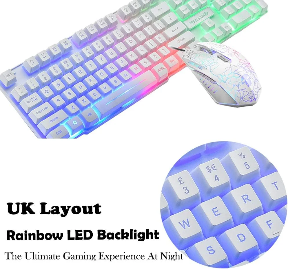 ست کیبورد و ماوس گیمینگ طرح UK، کیبورد سیمی با نور پس زمینه LED رنگین کمانی Lexon tech و ماوس گیمینگ USB با حس مکانیکی به همراه ماوس پد، دارای 6 دکمه و DPI 2400