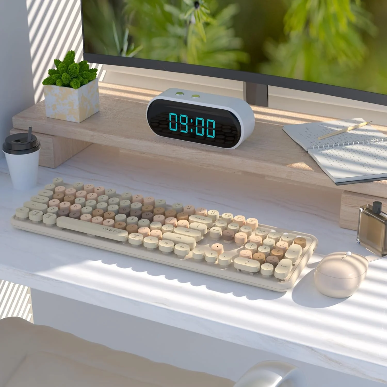 مجموعه صفحه کلید و ماوس بی سیم رنگارنگ UBOTIE، ماشین تحریر، کلیدهای انعطاف پذیر برای دفتر، صفحه کلید اندازه کامل، اتصال غیر جدا شونده 2.4 گیگاهرتز و ماوس اپتیکال (چای)