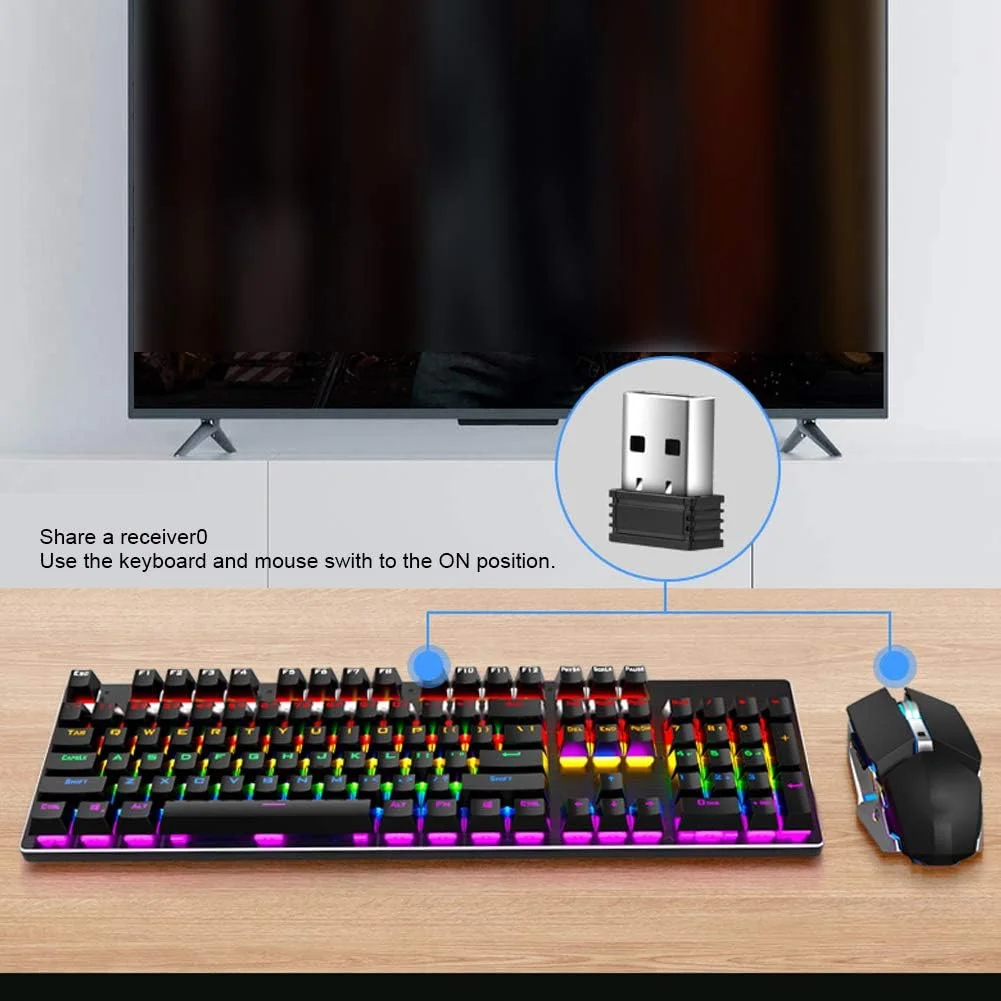 ست کیبورد و ماوس 2.4G بی سیم مکانیکی نورانی گیمینگ، کیبورد و ماوس قابل شارژ برای Windows2000 / Windows XP / Win7 / Win8 / Win10 / Vista