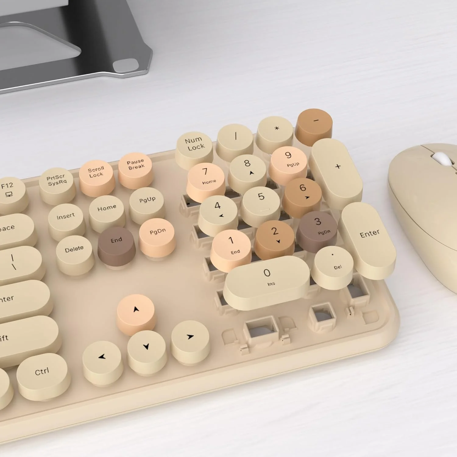 مجموعه صفحه کلید و ماوس بی سیم رنگارنگ UBOTIE، ماشین تحریر، کلیدهای انعطاف پذیر برای دفتر، صفحه کلید اندازه کامل، اتصال غیر جدا شونده 2.4 گیگاهرتز و ماوس اپتیکال (چای)