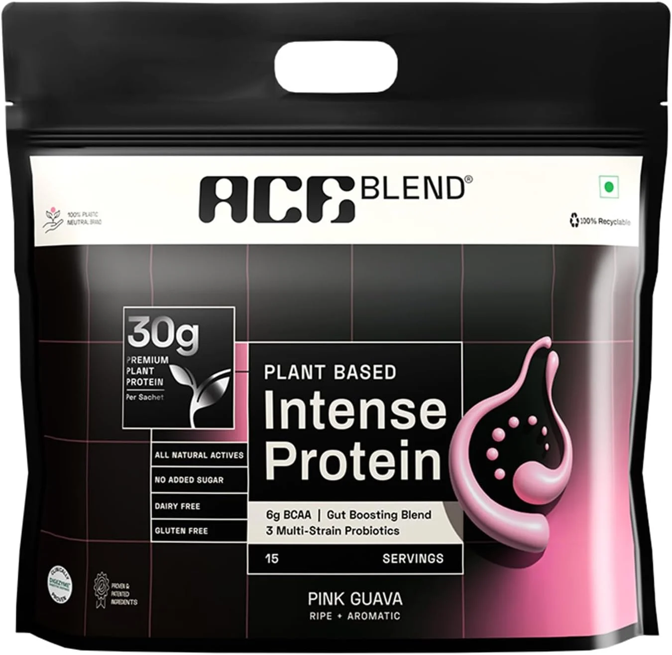 پروتئین گیاهی درجه یک Ace Blend INTENSE 30G | 15 سروینگ | طعم گواوا صورتی | پروبیوتیک و فیبر | 6 گرم BCAA | بیش از 95% قابلیت جذب | رشد و ریکاوری عضلات بدون چربی پیشرفته