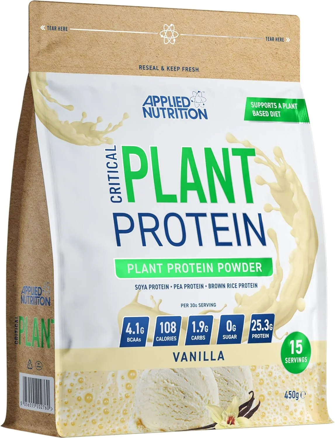 پروتئین گیاهی ضروری Applied Nutrition - پودر پروتئین وگان، مکمل گیاهی (450 گرم - 15 سروینگ) (وانیلی)