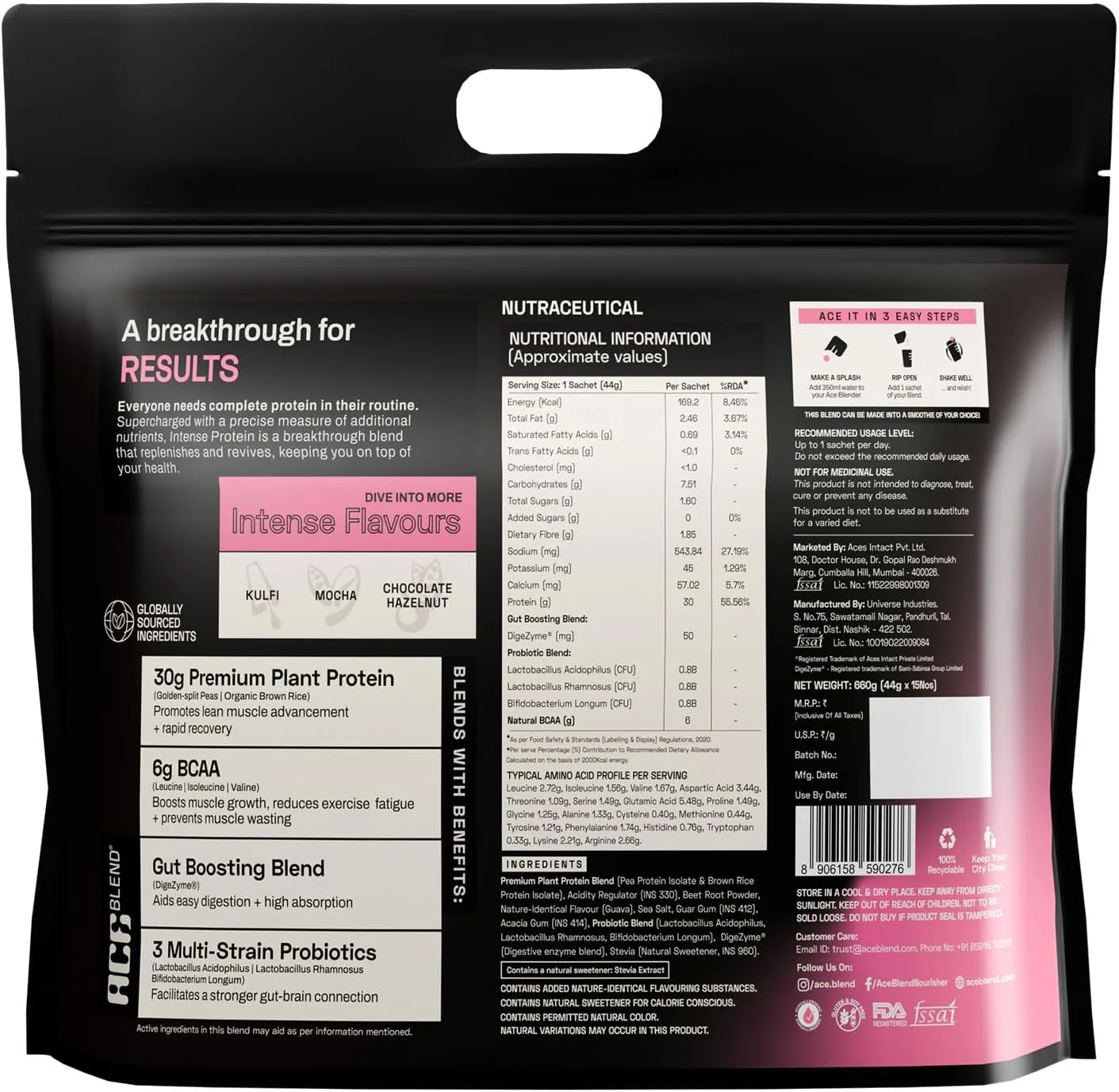 پروتئین گیاهی درجه یک Ace Blend INTENSE 30G | 15 سروینگ | طعم گواوا صورتی | پروبیوتیک و فیبر | 6 گرم BCAA | بیش از 95% قابلیت جذب | رشد و ریکاوری عضلات بدون چربی پیشرفته پروتئین گیاهی درجه یک Ace Blend INTENSE 30G | 15 سروینگ | طعم گواوا صورتی | پروبیوتیک و فیبر | 6 گرم BCAA | بیش از 95% قابلیت جذب | رشد و ریکاوری عضلات بدون چربی پیشرفته