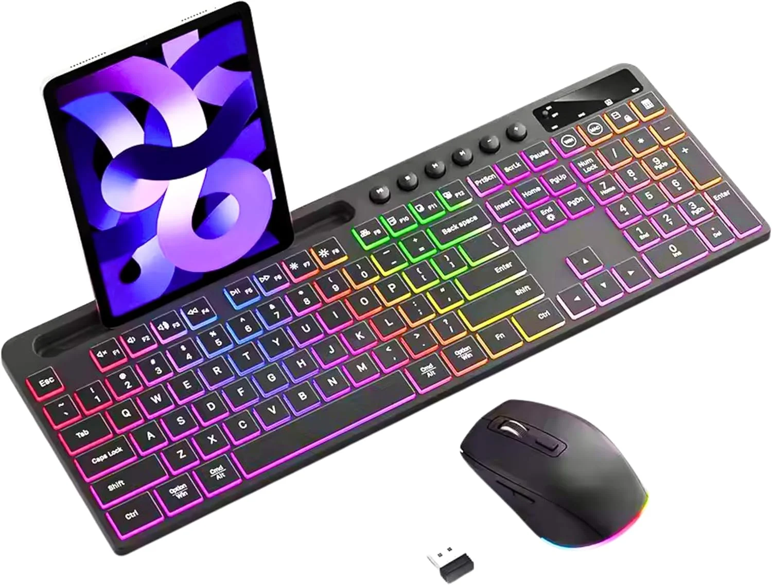 کیبورد و ماوس بی‌سیم 2.4 گیگاهرتز، کیبورد 114 کلیدی با نور پس‌زمینه RGB و قابل شارژ به همراه ماوس با پایه نگهدارنده تلفن و تبلت، ست کیبورد و ماوس ارگونومیک بی‌صدا و کم‌صدا در اندازه کامل برای بازی، خانه و محل کار