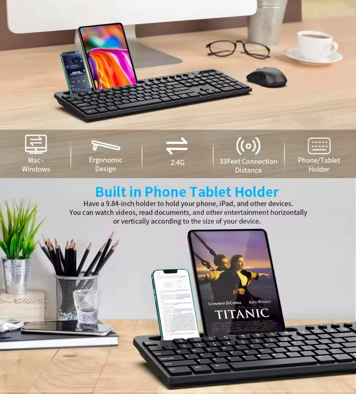 کیبورد و ماوس بی‌سیم 2.4 گیگاهرتز، کیبورد 114 کلیدی با نور پس‌زمینه RGB و قابل شارژ به همراه ماوس با پایه نگهدارنده تلفن و تبلت، ست کیبورد و ماوس ارگونومیک بی‌صدا و کم‌صدا در اندازه کامل برای بازی، خانه و محل کار