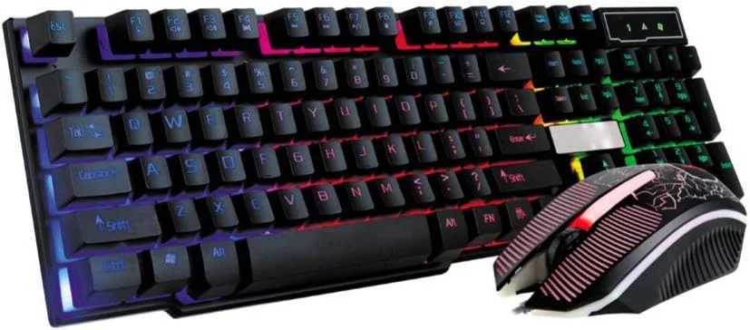 کیبورد IEUDFO با حس مکانیکی، کیبورد گیمینگ رنگارنگ LED با نورپردازی رنگین کمانی، سیم دار USB + ست موس