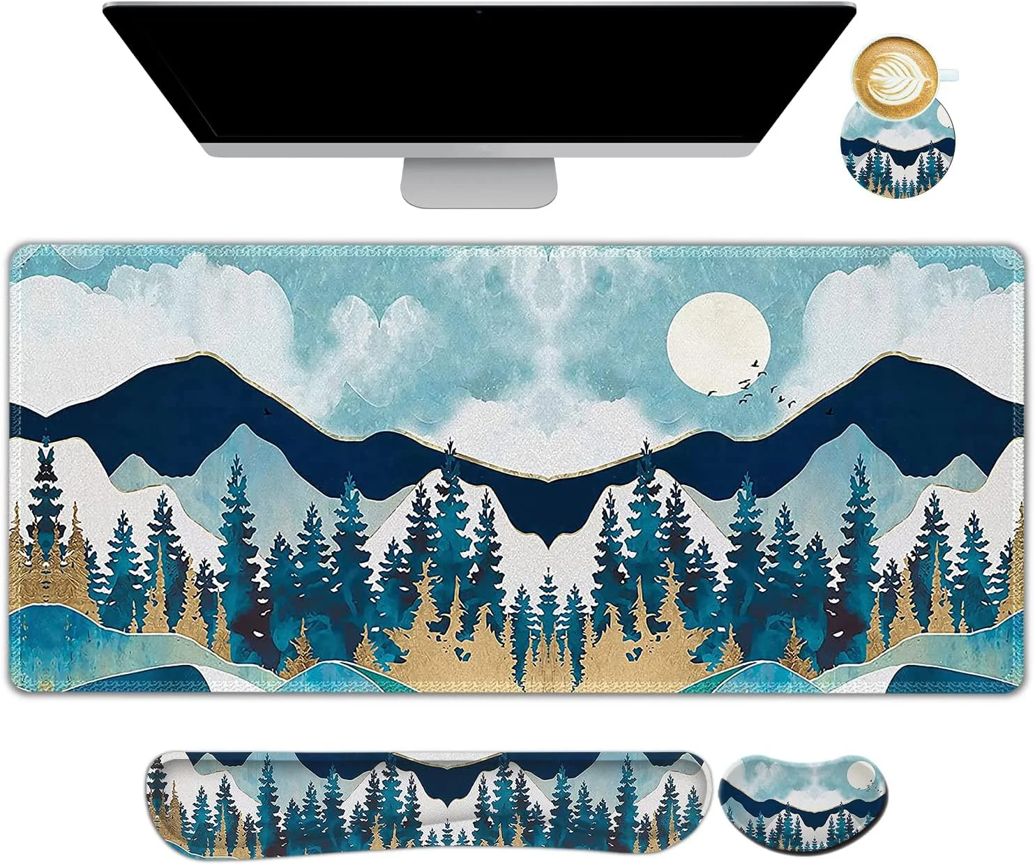 ست پد ماوس گیمینگ بزرگ ARTSO، شامل تکیه گاه مچ دست کیبورد + پد مچ دست ماوس + پد ماوس بزرگ + زیر لیوانی، زیرانداز میز چند منظوره 35x15.5 اینچ، طرح کوه انتزاعی