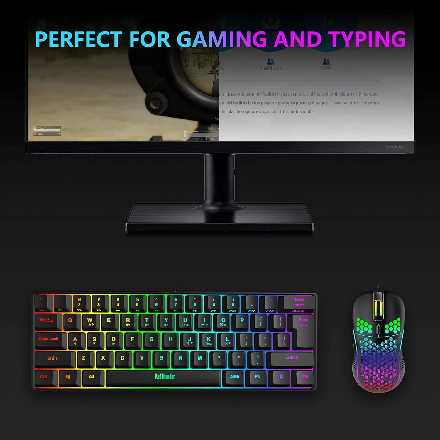 ست کیبورد گیمینگ 60% RedThunder با طرح AZERTY، 62 کلید با نور پس زمینه RGB، ماوس اپتیکال لانه زنبوری 7200 DPI، ست بازی سیمی RGB برای PC Mac PS5 Xbox Gamer (مشکی)
