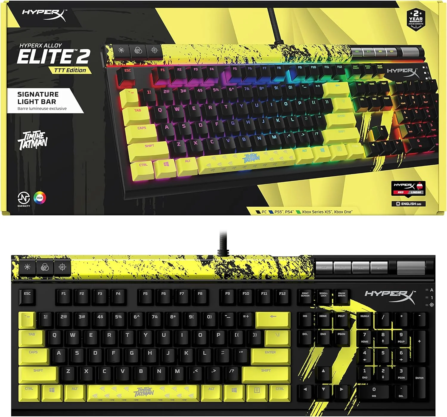 کیبورد گیمینگ مکانیکی HyperX Alloy Elite 2 نسخه TimTheTatMan با نورپردازی و شخصیسازی ماکرو قابل کنترل توسط نرمافزار، مشکی/زرد، 639P0AA#ABA، II، اندازه کامل کیبورد گیمینگ مکانیکی HyperX Alloy Elite 2 نسخه TimTheTatMan با نورپردازی و شخصیسازی ماکرو قابل کنترل توسط نرمافزار، مشکی/زرد، 639P0AA#ABA، II، اندازه کامل