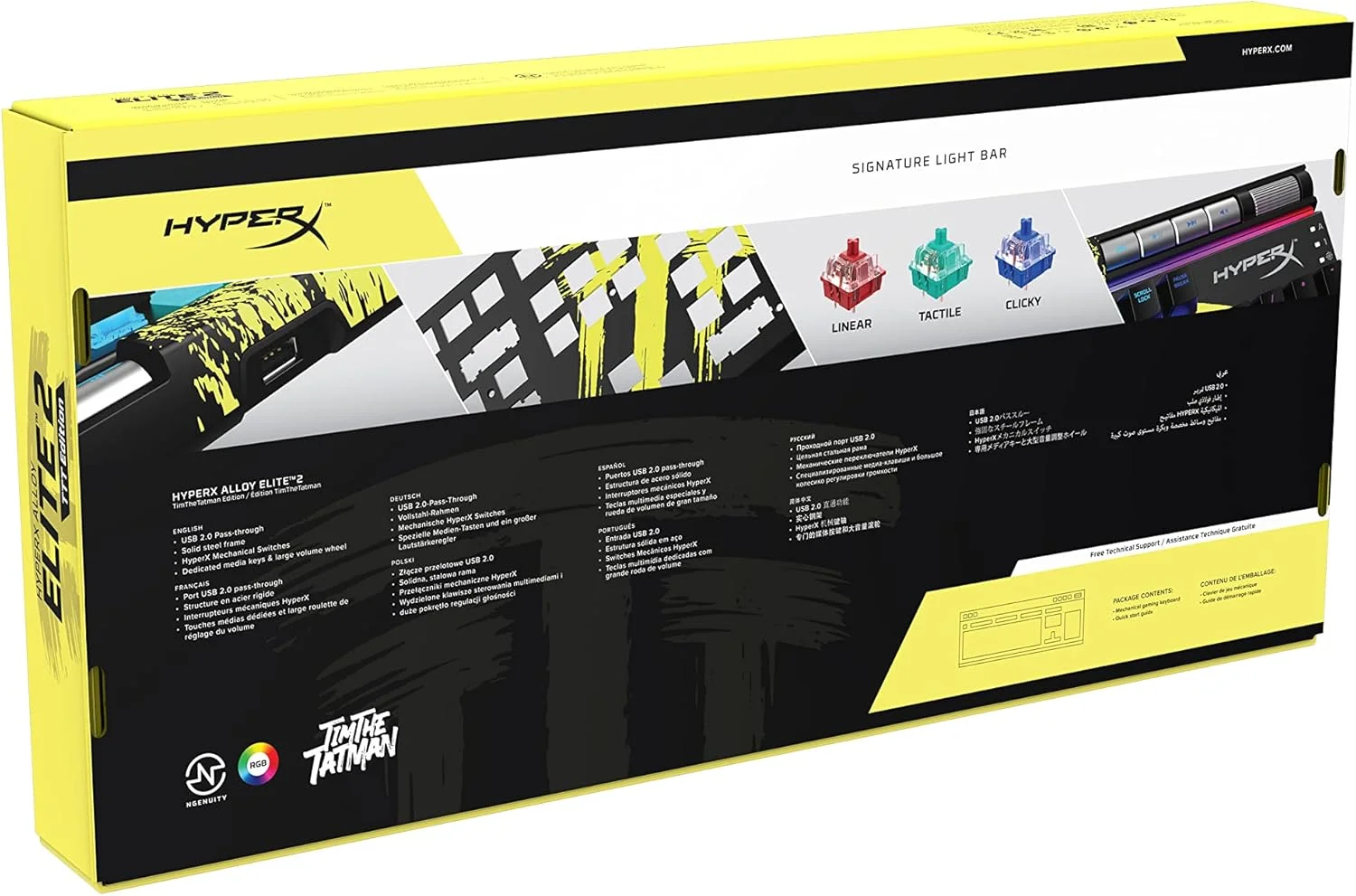 کیبورد گیمینگ مکانیکی HyperX Alloy Elite 2 نسخه TimTheTatMan با نورپردازی و شخصیسازی ماکرو قابل کنترل توسط نرمافزار، مشکی/زرد، 639P0AA#ABA، II، اندازه کامل کیبورد گیمینگ مکانیکی HyperX Alloy Elite 2 نسخه TimTheTatMan با نورپردازی و شخصیسازی ماکرو قابل کنترل توسط نرمافزار، مشکی/زرد، 639P0AA#ABA، II، اندازه کامل