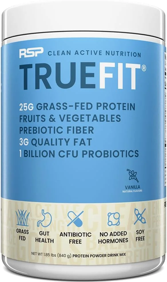 آر اس پی نوتریشن TrueFit - پروتئین شیک جایگزین وعده غذایی بدون چربی تهیه شده از شیر گاو تغذیه شده با علف، پودر پروتئین وی کاملا طبیعی با فیبر و پروبیوتیک، غیر GMO، بدون گلوتن و بدون شیرین کننده های مصنوعی، 2 پوند (وانیلی)