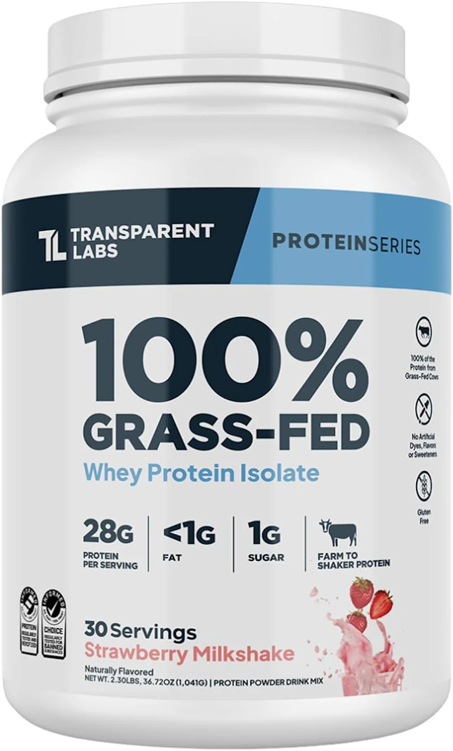 پروتئین وی ایزوله گاوی تغذیه شده با علف Transparent Labs - طعم طبیعی، پودر پروتئین وی بدون گلوتن با 28 گرم پروتئین در هر وعده و 9 اسید آمینه ضروری - 30 سروینگ، میلک شیک توت فرنگی
