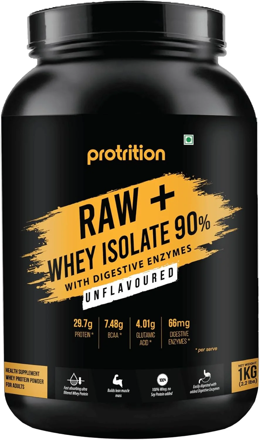 پودر پروتئین وی ایزوله خام Protrition Raw+ 90% | بدون طعم - 1 کیلوگرم (30 سروینگ) | 29.7 گرم پروتئین، 6.78 گرم BCAA در هر پیمانه | دارای آنزیم های گوارشی افزوده | رشد عضلات، قدرت و ریکاوری