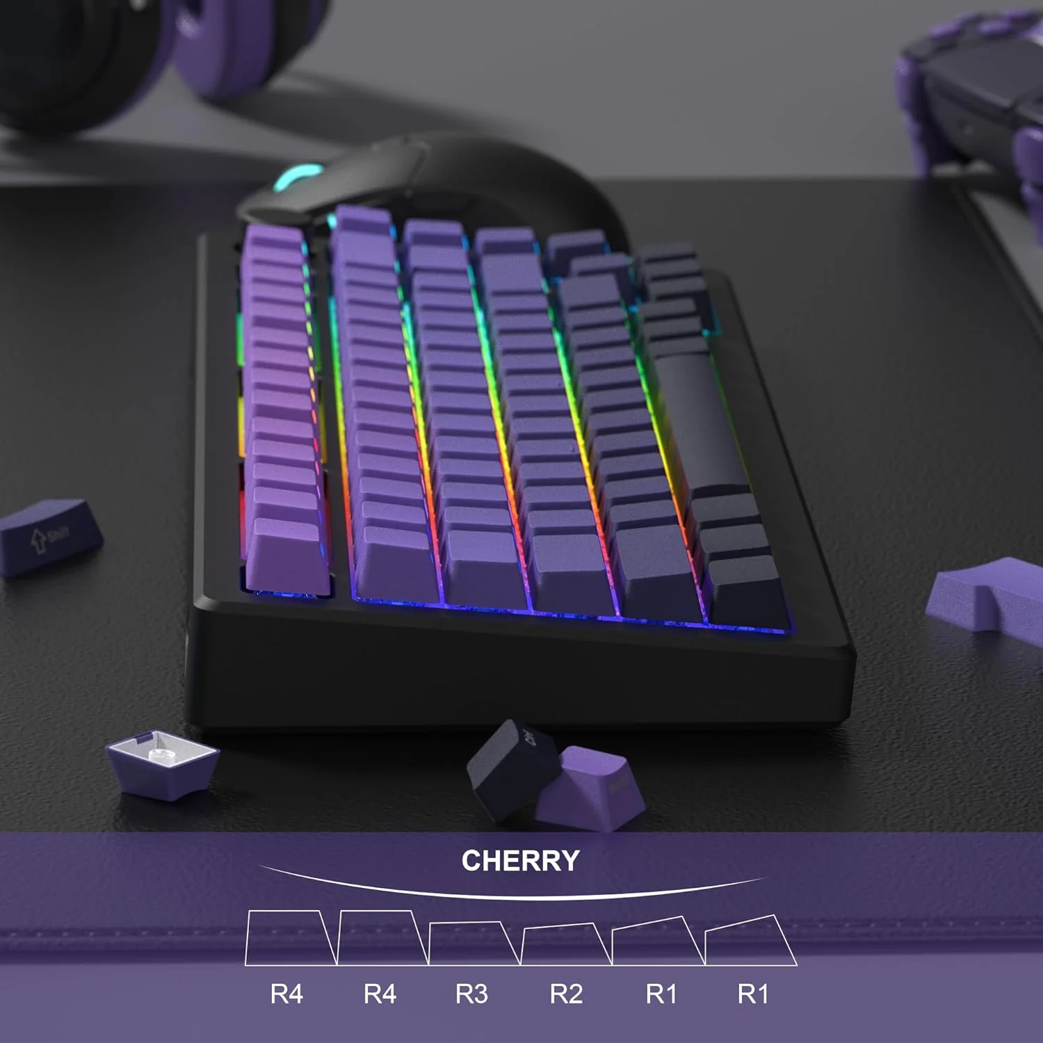 ست کیکپ های PBT دابل شات Womier، عبور نور، 60% 75%، پروفایل Cherry، گرادیان بنفش، چاپ جانبی برای کیبوردهای گیمینگ مکانیکی (136 کلید)