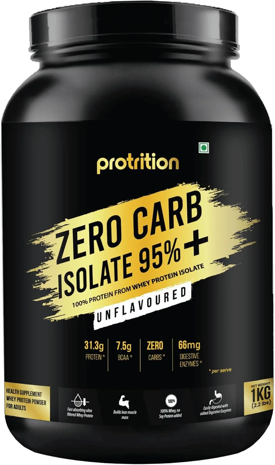 پودر پروتئین وی ایزوله بدون کربوهیدرات 95% Protrition | بدون طعم - 1 کیلوگرم (30 سروینگ) | 31.3 گرم پروتئین، 7.5 گرم BCAA در هر پیمانه | دارای آنزیم های گوارشی افزوده | رشد عضلات، قدرت و ریکاوری