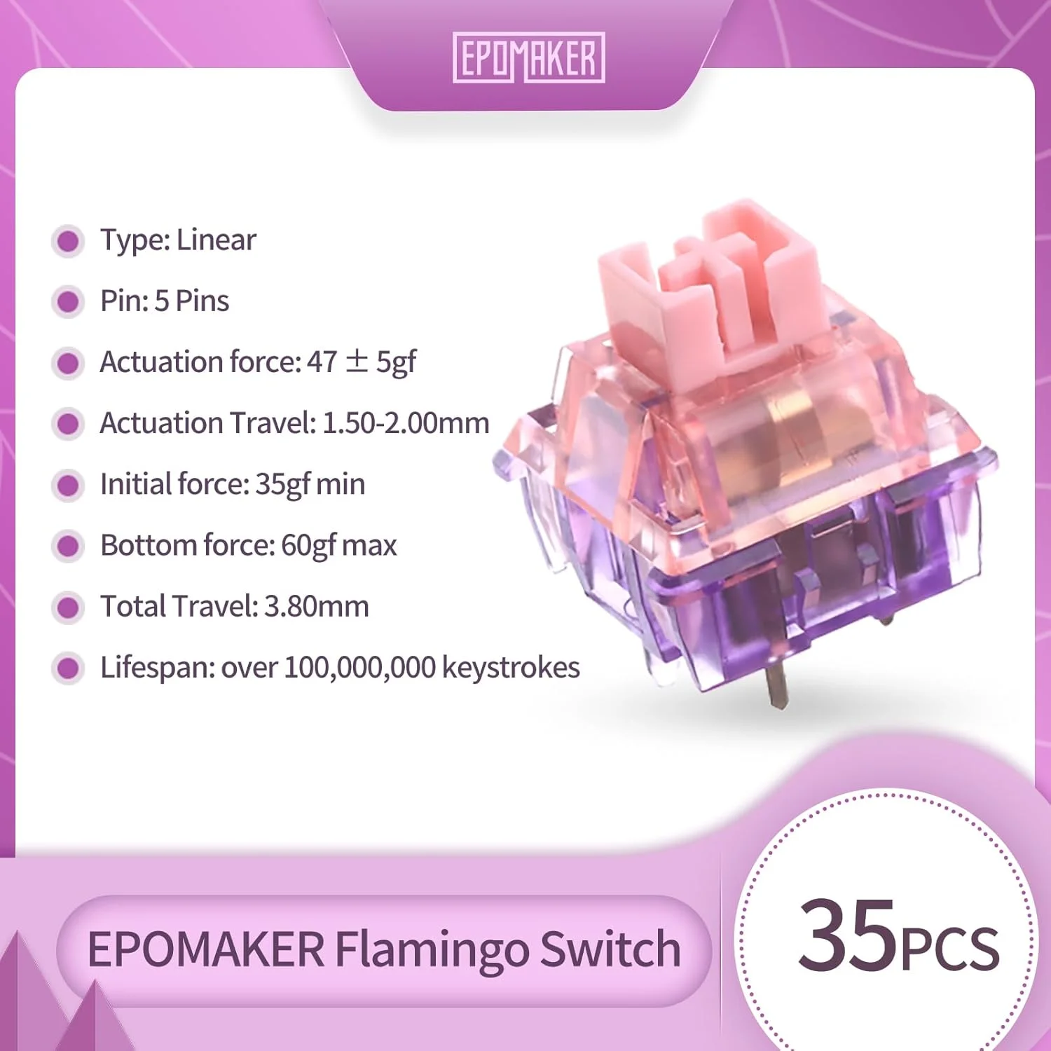 ست سوییچ کیبورد مکانیکی خطی EPOMAKER Flamingo شامل 35 عدد، نیروی اولیه 47gf، سوییچ روغن کاری شده کارخانه با ساقه POM، فنر دوتایی، بدنه PC برای کیبورد گیمینگ DIY
