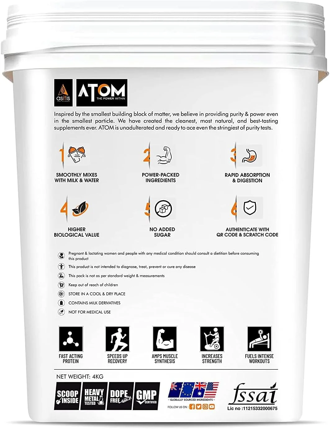 پروتئین وی ایزوله ATOM AS-IT-IS 4 کیلوگرم | 30 گرم پروتئین، 6.1 گرم BCAA و 13 گرم EAA | پروتئین فوق العاده خالص و سریع الاثر | طعم فندق شکلاتی