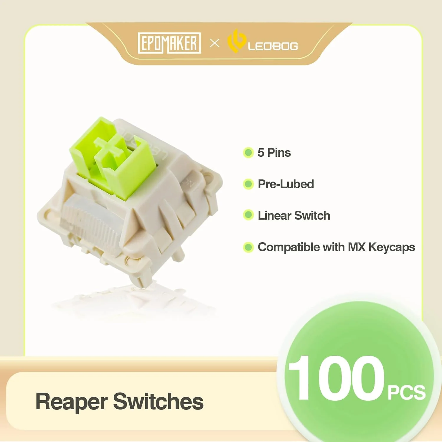 سوئیچ‌های کیبورد EPOMAKER x LEOBOG Reaper، بسته 100 عددی سوئیچ خطی 45gf، سوئیچ 5 پین روغن کاری شده کارخانه با ساقه POM، شکاف LED برای کیبورد گیمینگ مکانیکی، سازگار با کلیدهای MX