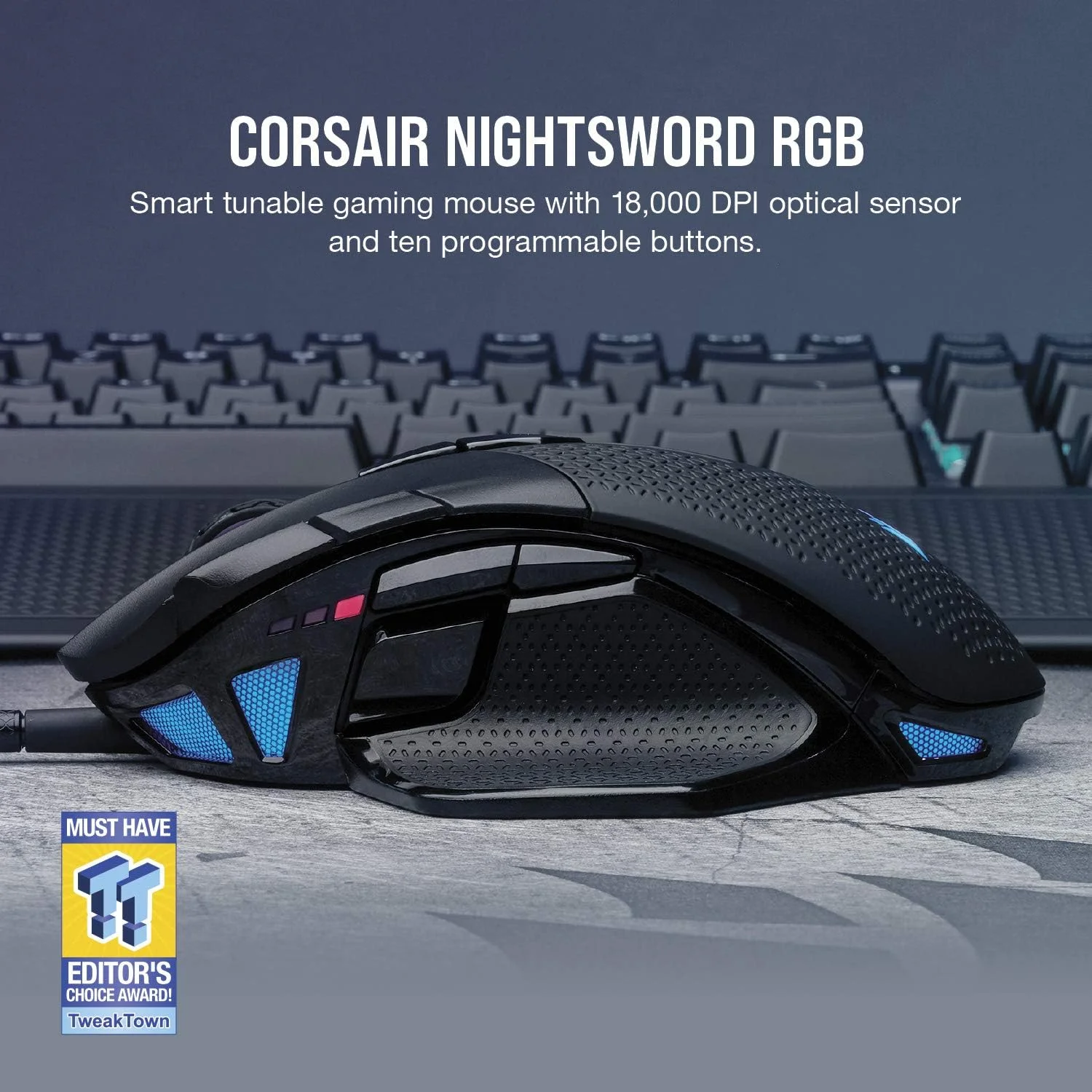 موس گیمینگ ارگونومیک و قابل تنظیم Corsair Nightsword RGB - عملکرد راحت FPS/MOBA با نور پس زمینه LED، 18000 DPI، مشکی موس گیمینگ ارگونومیک و قابل تنظیم Corsair Nightsword RGB - عملکرد راحت FPS/MOBA با نور پس زمینه LED، 18000 DPI، مشکی