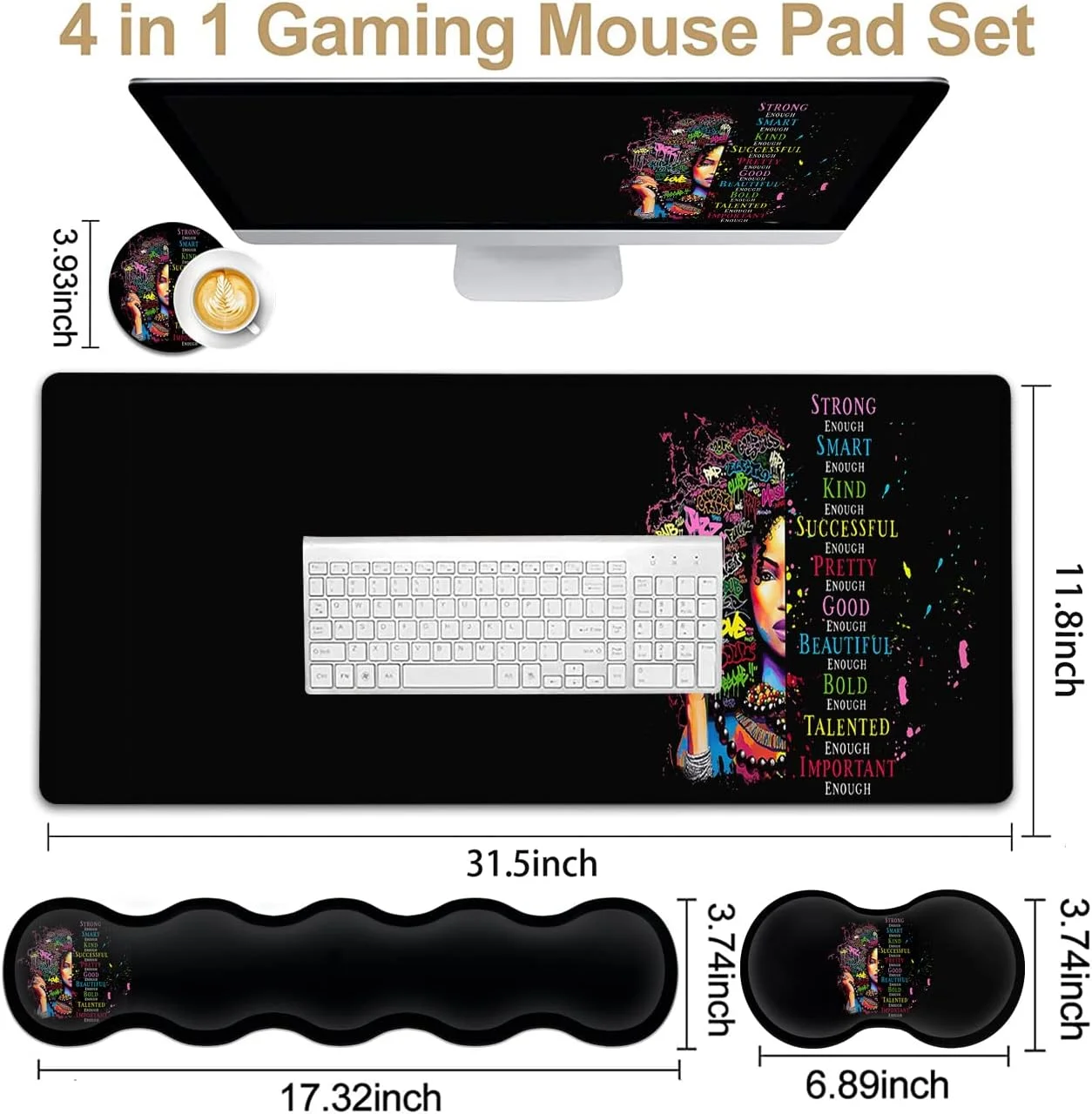 پد ماوس بزرگ و گسترده + تکیه گاه مچ دست کیبورد، تکیه گاه مچ دست ارگونومیک فوم حافظه دار، ست پد میز 4 عددی (31.5×11.8 اینچ) برای دفتر کار خانگی انیمه زن آفریقایی آمریکایی، پد ماوس بازی XXL مشکی
