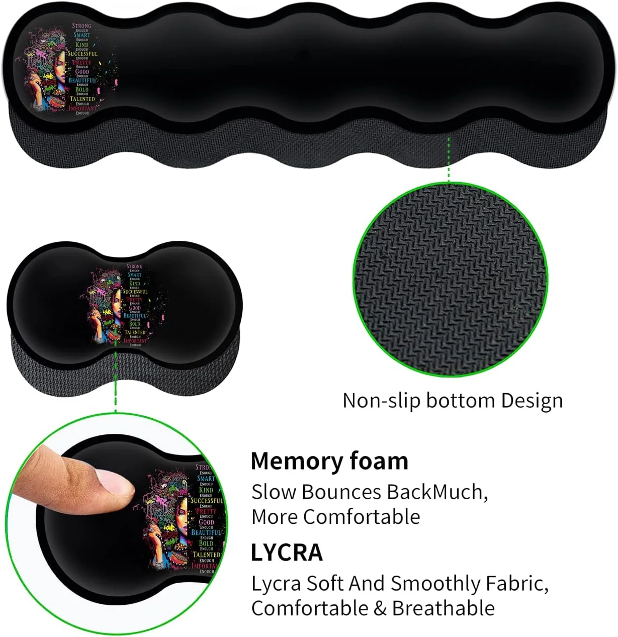 پد ماوس بزرگ و گسترده + تکیه گاه مچ دست کیبورد، تکیه گاه مچ دست ارگونومیک فوم حافظه دار، ست پد میز 4 عددی (31.5×11.8 اینچ) برای دفتر کار خانگی انیمه زن آفریقایی آمریکایی، پد ماوس بازی XXL مشکی
