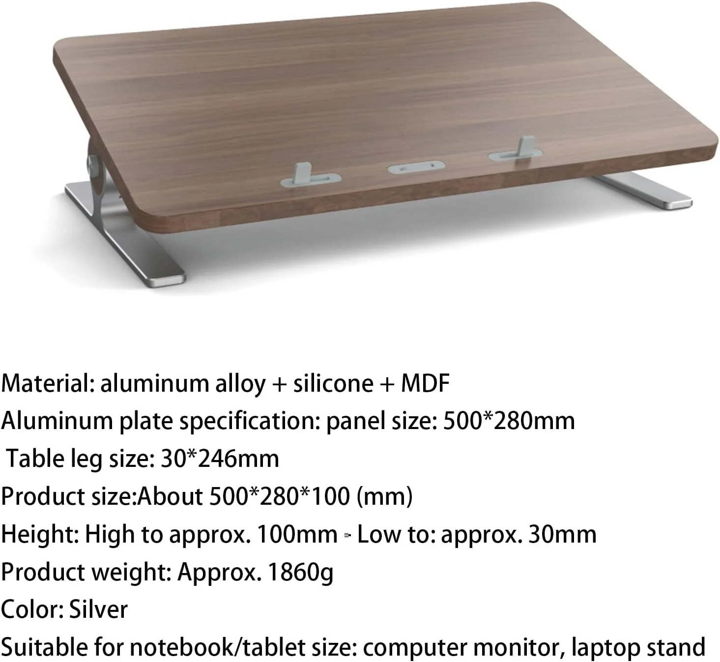 پایه لپتاپ و مانیتور با روکش گردویی – استند چوبی رومیزی 50 × 28 سانتیمتری با پایههای آلیاژ آلومینیوم، گزینههای ارتفاع 3–10 سانتیمتری برای دفاتر خانگی، مطالعه و گیمینگ (بدون درگاه داکینگ Type-C) پایه لپتاپ و مانیتور با روکش گردویی – استند چوبی رومیزی 50 × 28 سانتیمتری با پایههای آلیاژ آلومینیوم، گزینههای ارتفاع 3–10 سانتیمتری برای دفاتر خانگی، مطالعه و گیمینگ (بدون درگاه داکینگ Type-C)