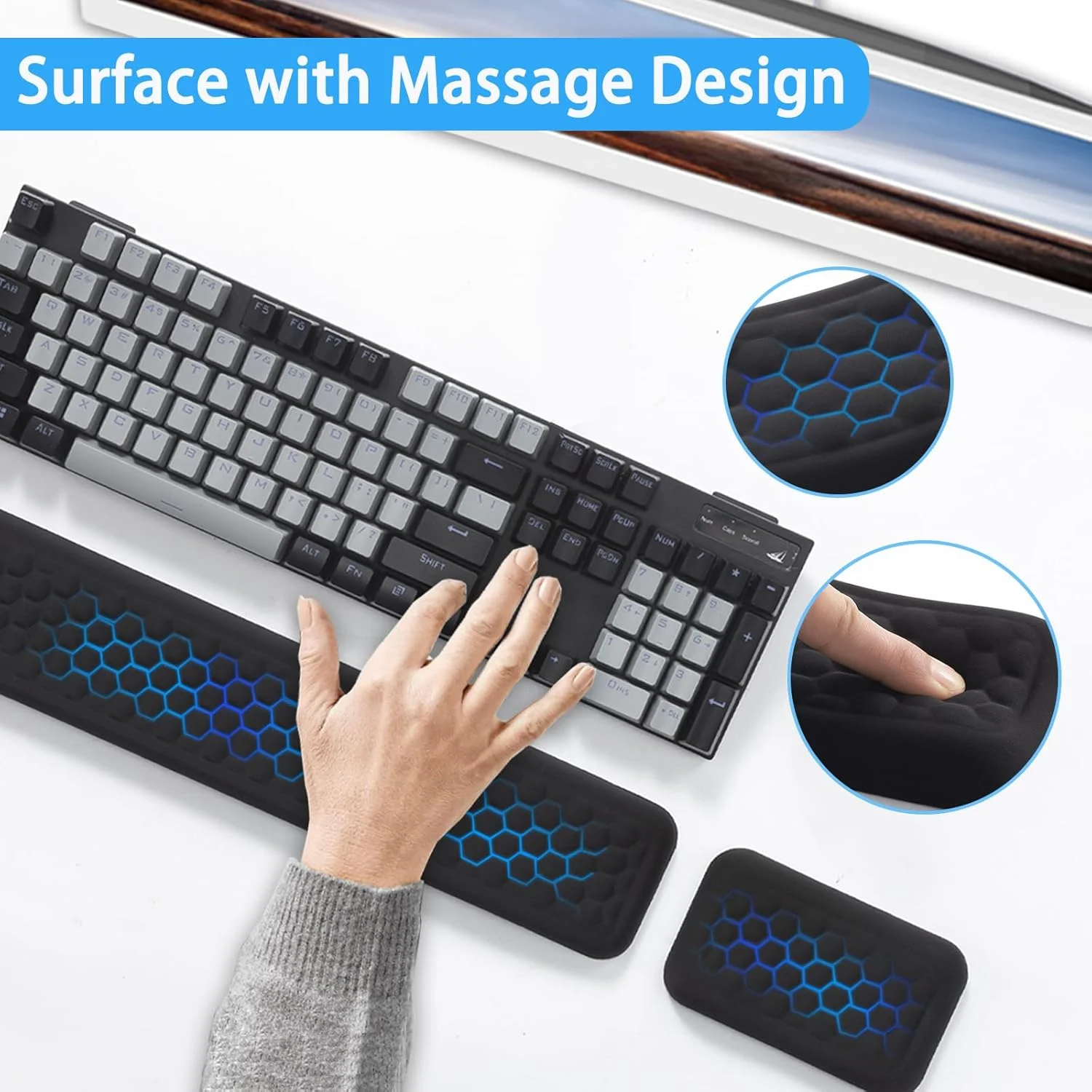 پد مچی کیبورد Leolee، پد مچی برای کیبورد و ماوس کامپیوتر، ست پشتیبانی مچی ارگونومیک مشکی با فوم حافظه‌دار، پایه ضد لغزش، طراحی ماساژ برای تسکین درد، تایپ، بازی، دفتر کار