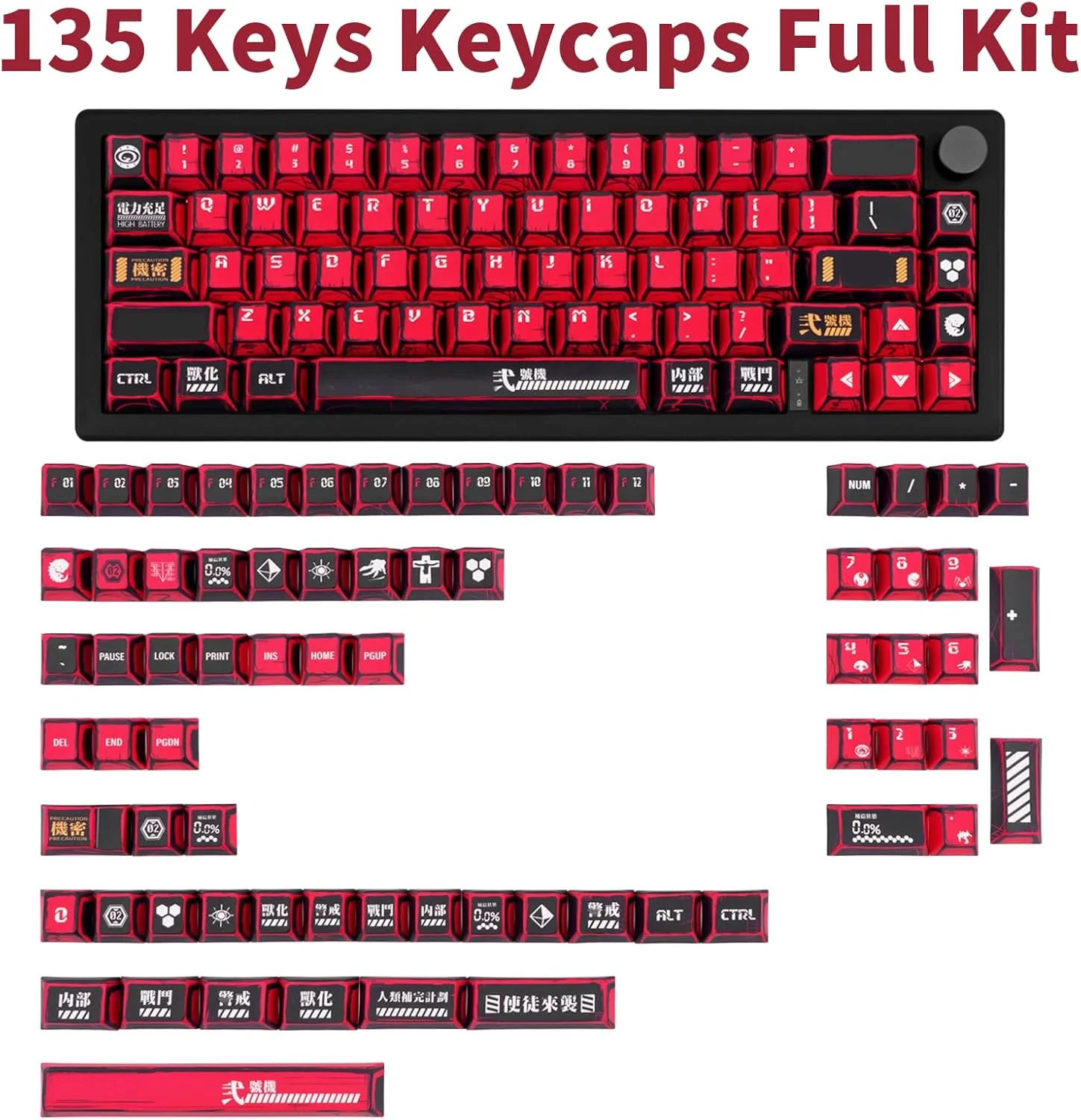 ست کلاهک‌های کلید PBT قرمز و مشکی GEKUCAP، 135 کلید، پروفایل Cherry، طرح مانگا ژاپنی، ست کلاهک کلید کیبورد گیمینگ Cherry MX برای کیبوردهای مکانیکی با طرح‌بندی ANSI