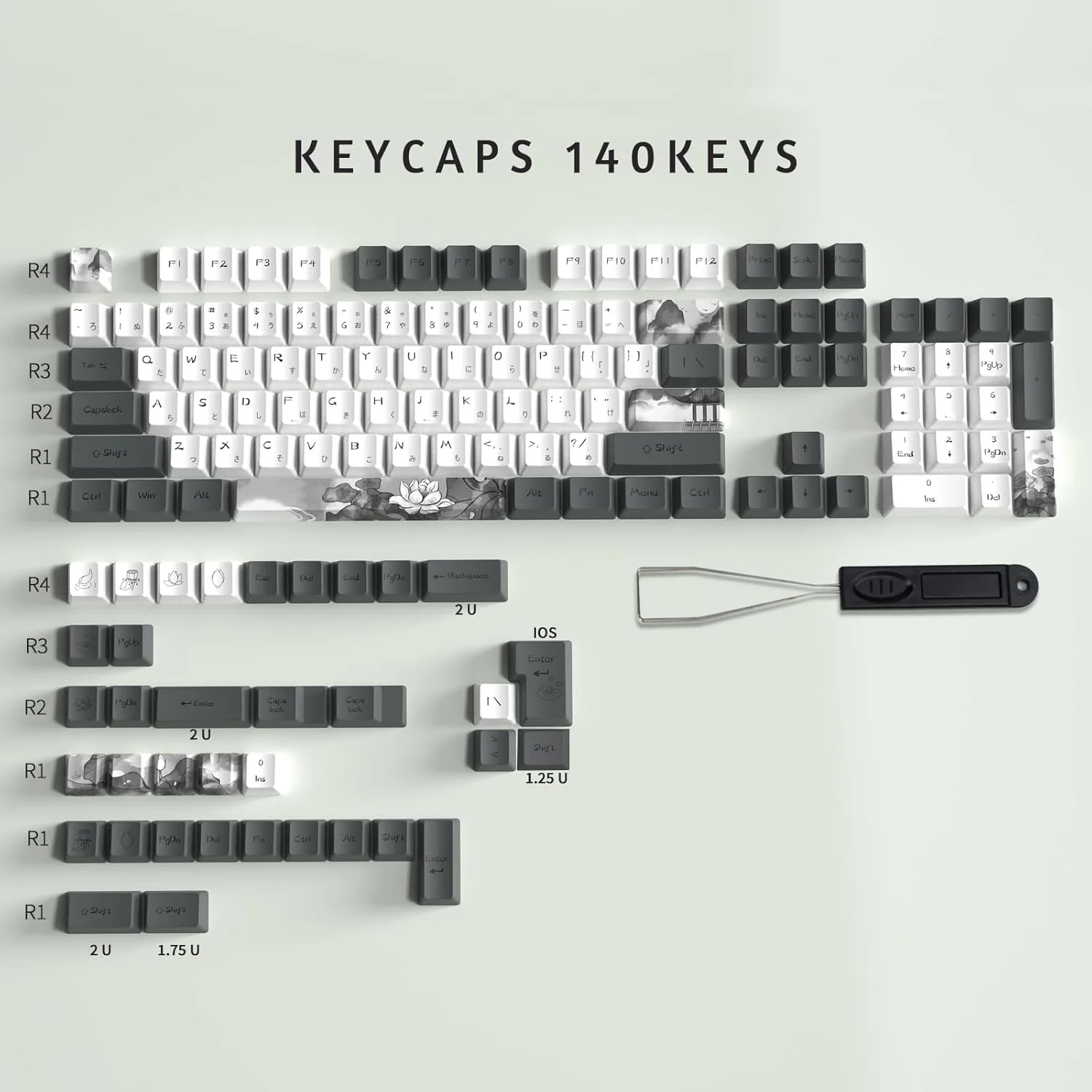 MOLGRIA کلیدهای سفارشی طرح نیلوفر آبی - 140 عددی مناسب کیبوردهای گیمینگ، PBT OEM پروفایل رنگ ثابت، ANSI/ISO با فونت ژاپنی برای Gateron Kailh Cherry MX 104/87/74/61 60