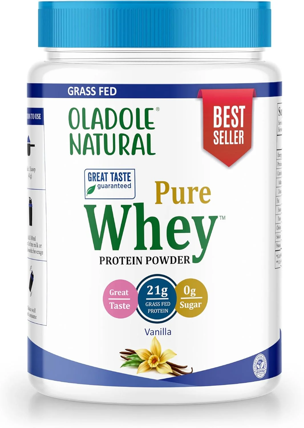 پروتئین وی 100% طبیعی ارگانیک و تغذیه شده با علف Oladole - 21 گرم پروتئین در هر وعده، 20 وعده طعم وانیل | ترکیبی از کنسانتره پروتئین وی و پروتئین وی ایزوله