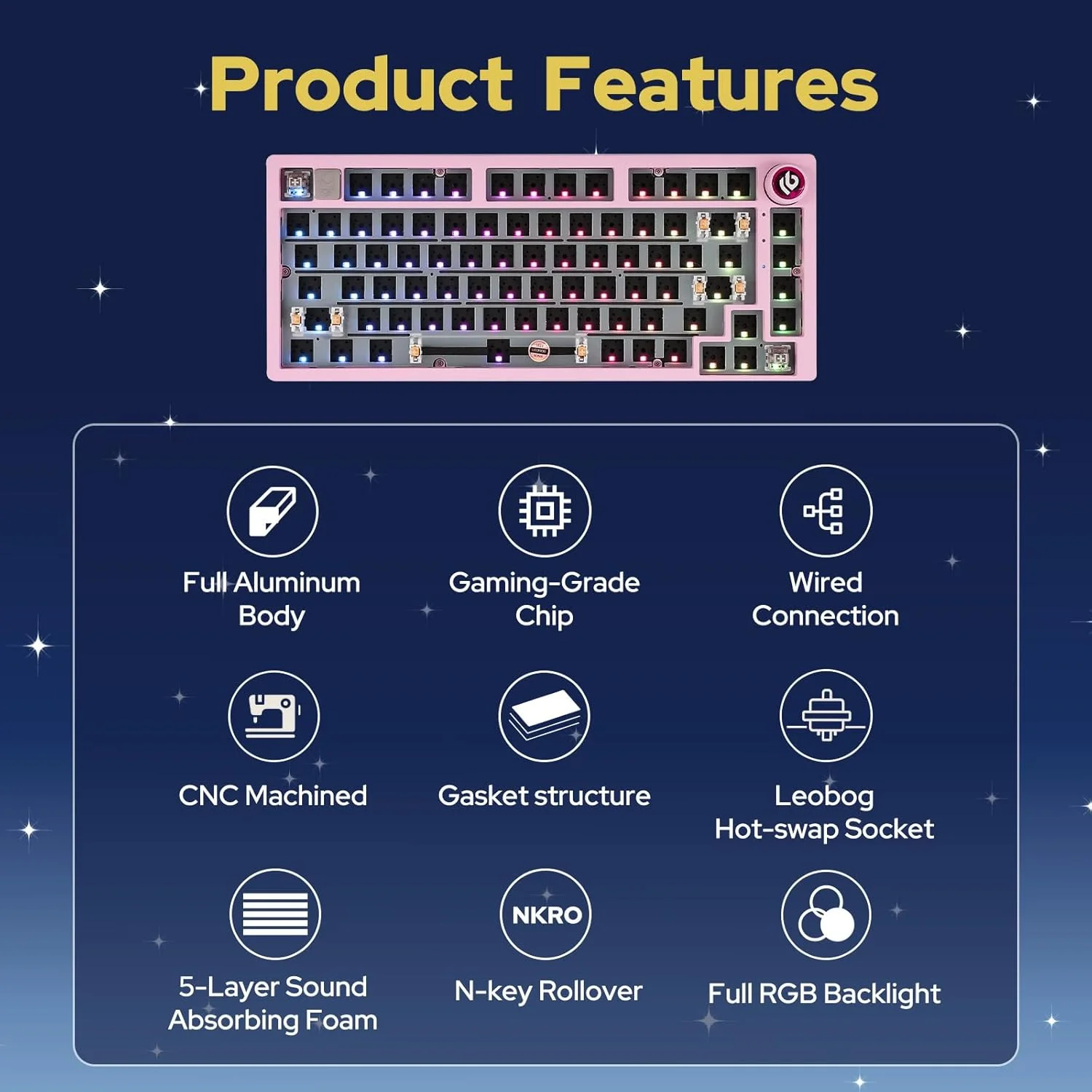 کیت کیبورد مکانیکی سیمی EPOMAKER x LEOBOG Hi75 با بدنه آلیاژ آلومینیوم، کیت گیمینگ قابل برنامه ریزی با نصب گسکت، قابلیت تعویض سریع سوئیچ، دارای دکمه تغییر حالت، NKRO برای ویندوز/مک (صورتی) کیت کیبورد مکانیکی سیمی EPOMAKER x LEOBOG Hi75 با بدنه آلیاژ آلومینیوم، کیت گیمینگ قابل برنامه ریزی با نصب گسکت، قابلیت تعویض سریع سوئیچ، دارای دکمه تغییر حالت، NKRO برای ویندوز/مک (صورتی)