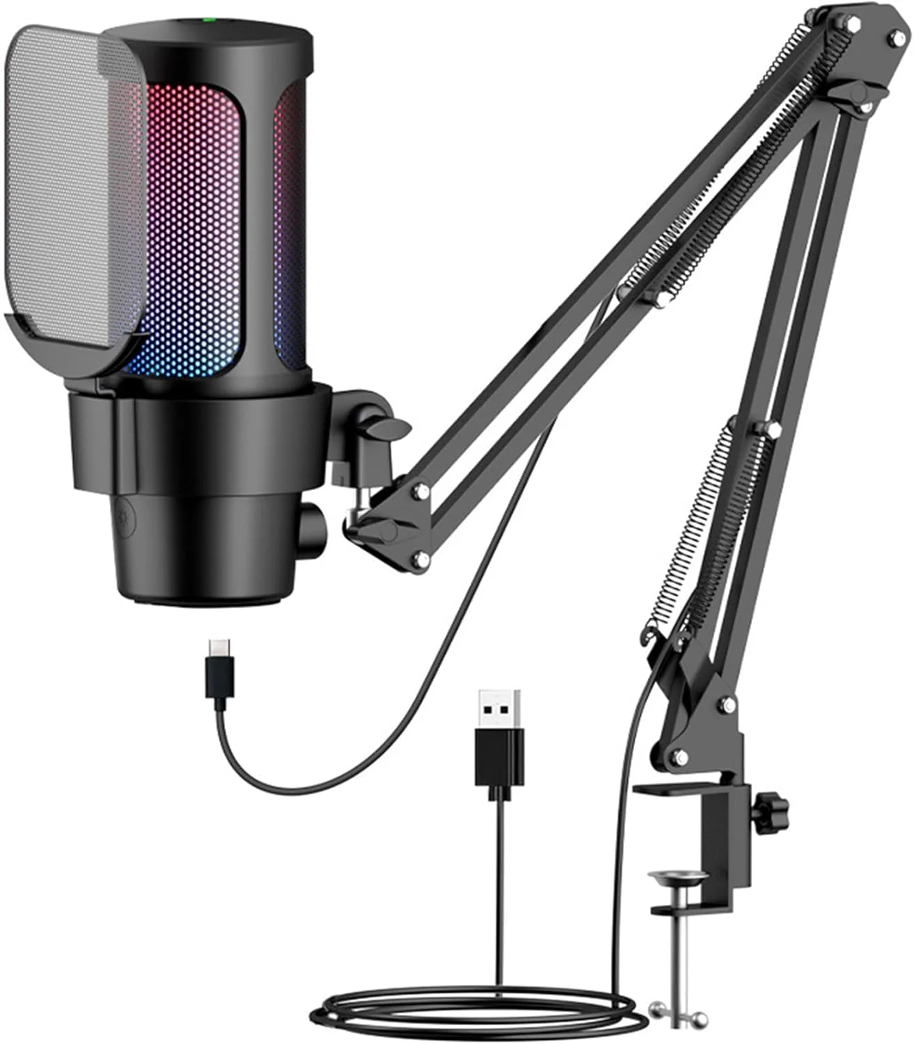 میکروفون گیمینگ USB کامپیوتر AnnuoYi، میکروفون RGB کامپیوتر برای ضبط استریمینگ پادکست، پلاگ اند پلی، با پایه بازویی قابل تنظیم، برای بازی های کامپیوتری، پادکست، استریمینگ
