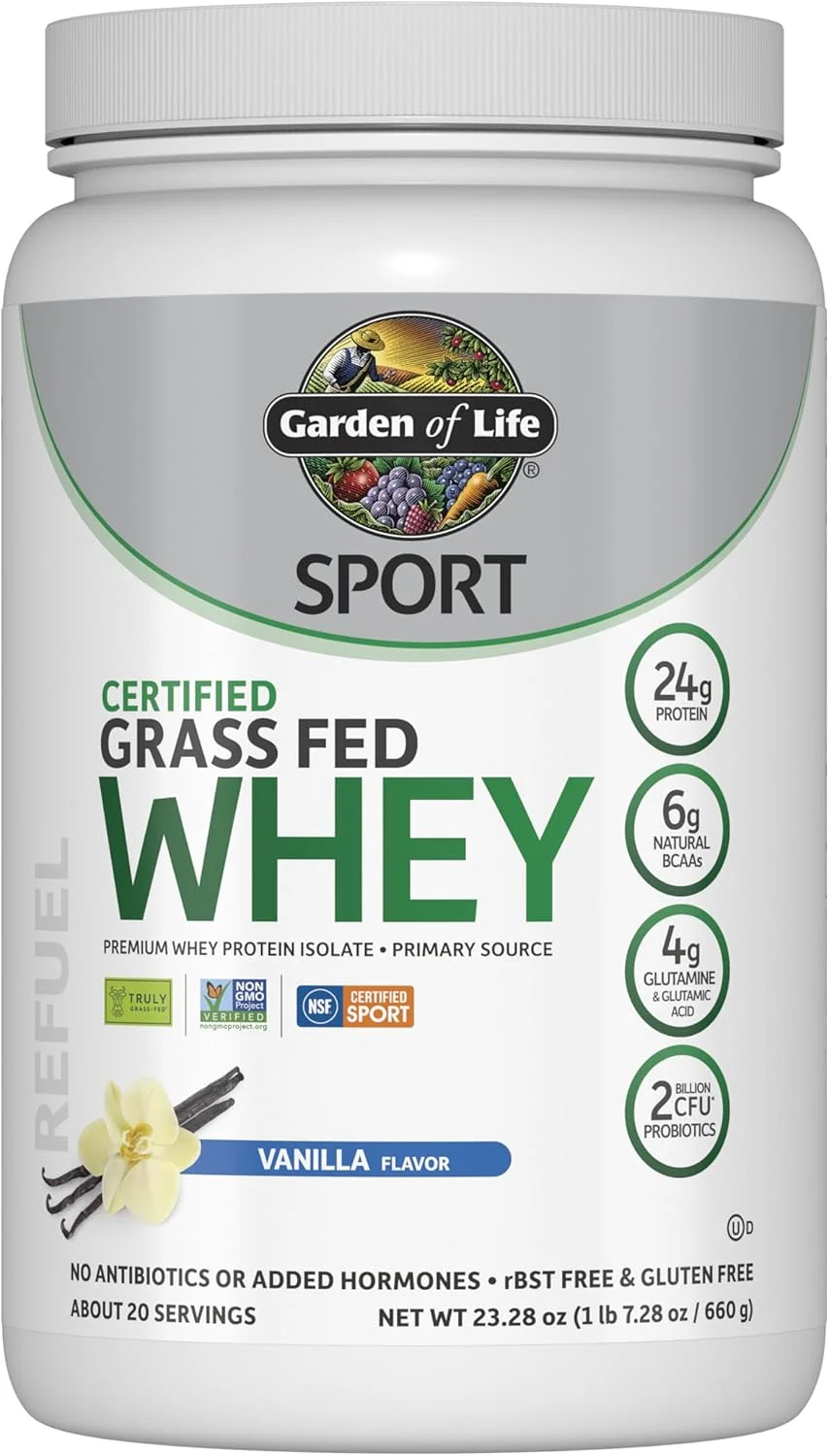 پودر پروتئین وی Garden of Life Sport با طعم وانیل، پروتئین وی ایزوله ممتاز تغذیه شده با علف به همراه پروبیوتیک برای سلامت سیستم ایمنی، 24 گرم پروتئین، غیر تراریخته، بدون گلوتن، فرآوری شده با سرما - 20 سروینگ پودر پروتئین وی Garden of Life Sport با طعم وانیل، پروتئین وی ایزوله ممتاز تغذیه شده با علف به همراه پروبیوتیک برای سلامت سیستم ایمنی، 24 گرم پروتئین، غیر تراریخته، بدون گلوتن، فرآوری شده با سرما - 20 سروینگ