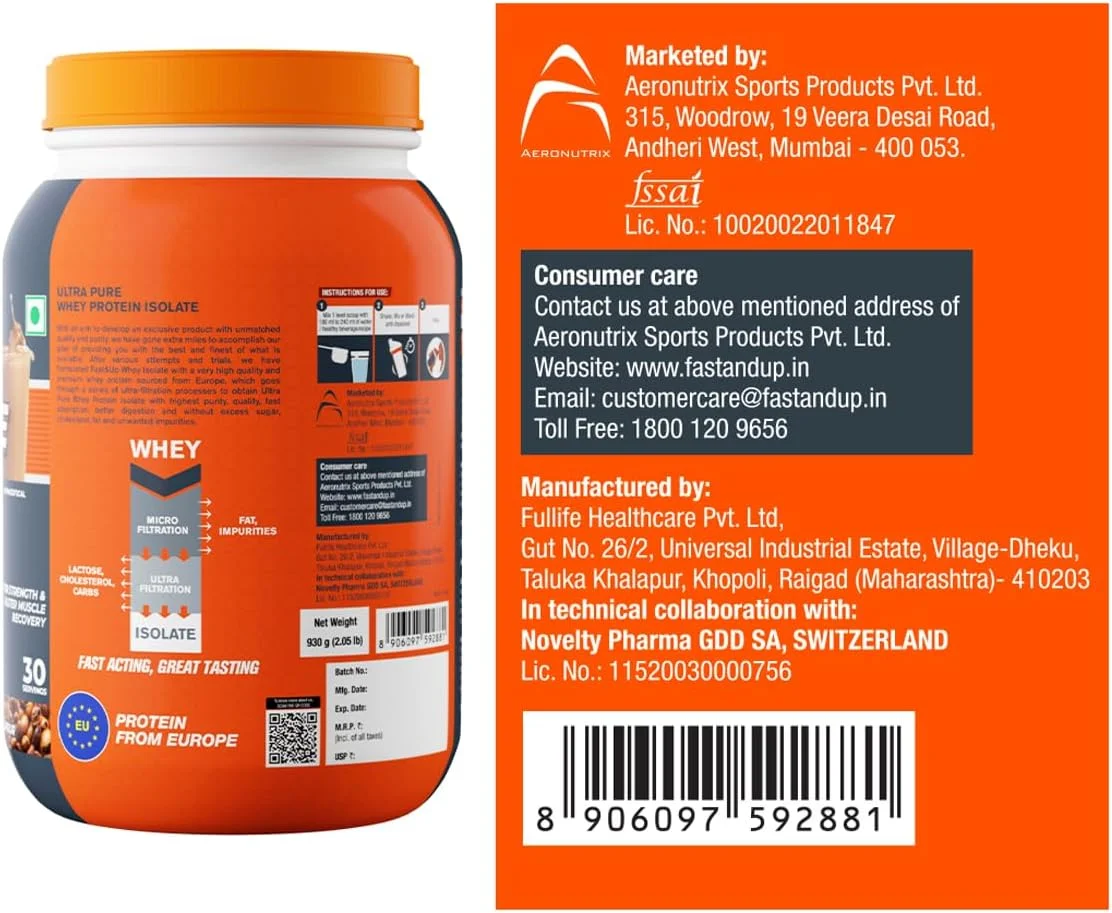 پروتئین وی ایزوله 100% خالص اروپایی Fast&Up، کربوهیدرات بسیار کم | 30 سروینگ | 26 گرم پروتئین در هر سروینگ | کم لاکتوز و بدون گلوتن | عملکرد سریع، بدون نفخ - طعم قهوه خامه‌ای