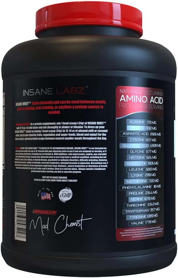 پروتئین وی اینسین لبز Insane Whey، پروتئین وی 100% عضله ساز، بعد از تمرین، دارای پروفایل آمینو BCAA، افزایش دهنده حجم، جایگزین وعده غذایی، 5 پوند، 60 سروینگ، (وانیلی)