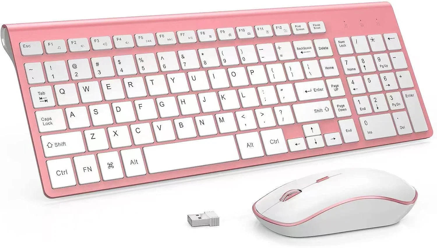 مجموعه کیبورد و ماوس بی‌سیم، J JOYACCESS 2.4G USB باریک بی‌سیم با صفحه کلید عددی، اندازه کامل، ارگونومیک، 2400 DPI، صرفه‌جویی فوق‌العاده در مصرف انرژی - صورتی