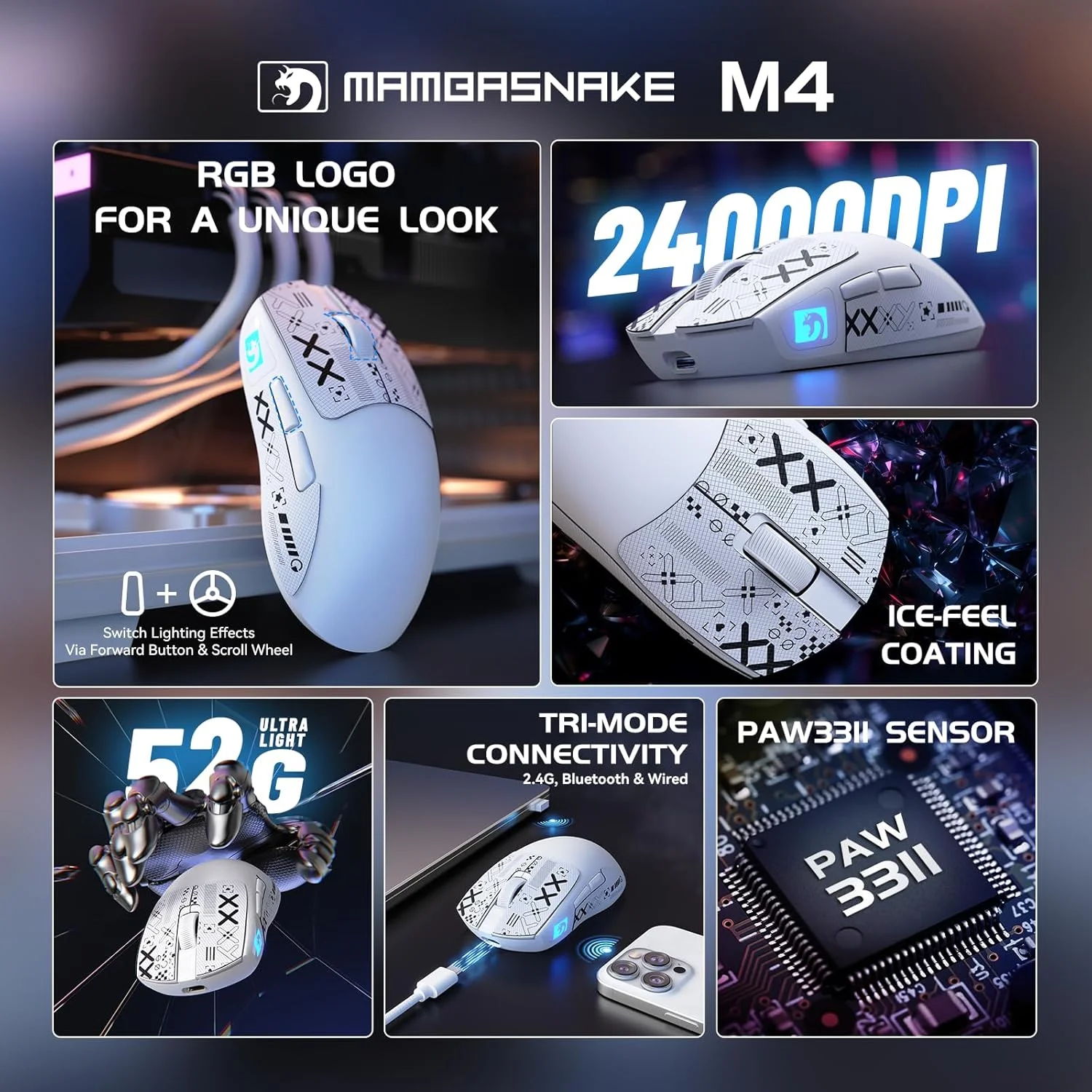 موس گیمینگ بی‌سیم فوق سبک MAMBASNAKE M4، 24000 DPI، موس فوق سبک 53 گرمی، PixArt PAW3311، لوگوی RGB، باتری 400mAh، 2.4G/بلوتوث/سیمی، مجموعه نوار چسب، برای PC/Mac، سفید