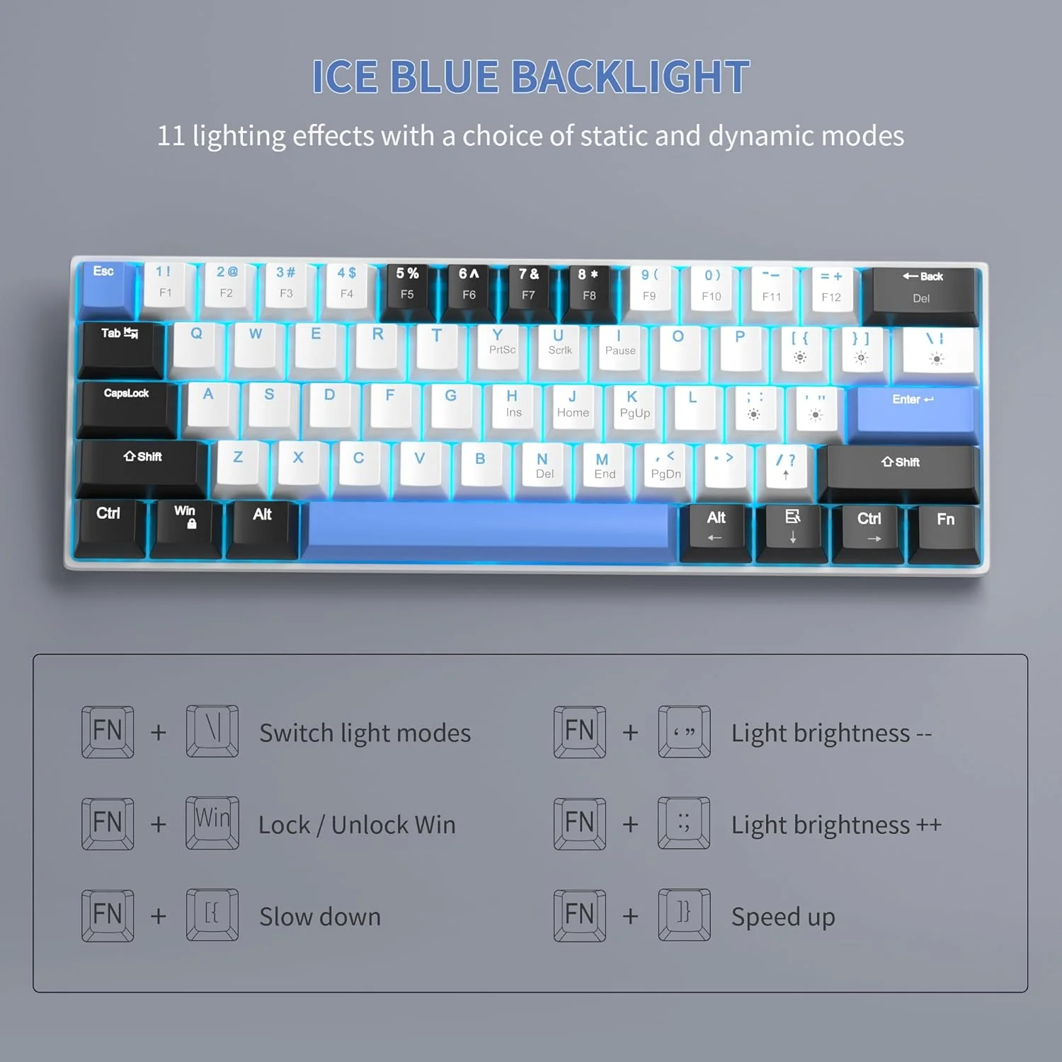 MageGee - کیبورد مکانیکی 60% ارتقا یافته، کیبورد گیمینگ مکانیکی با نور پس زمینه سرمه ای، کیبورد مکانیکی کوچک و جمع و جور 60%، ست کیبورد گیمینگ قابل حمل 60% (سیاه و سفید)