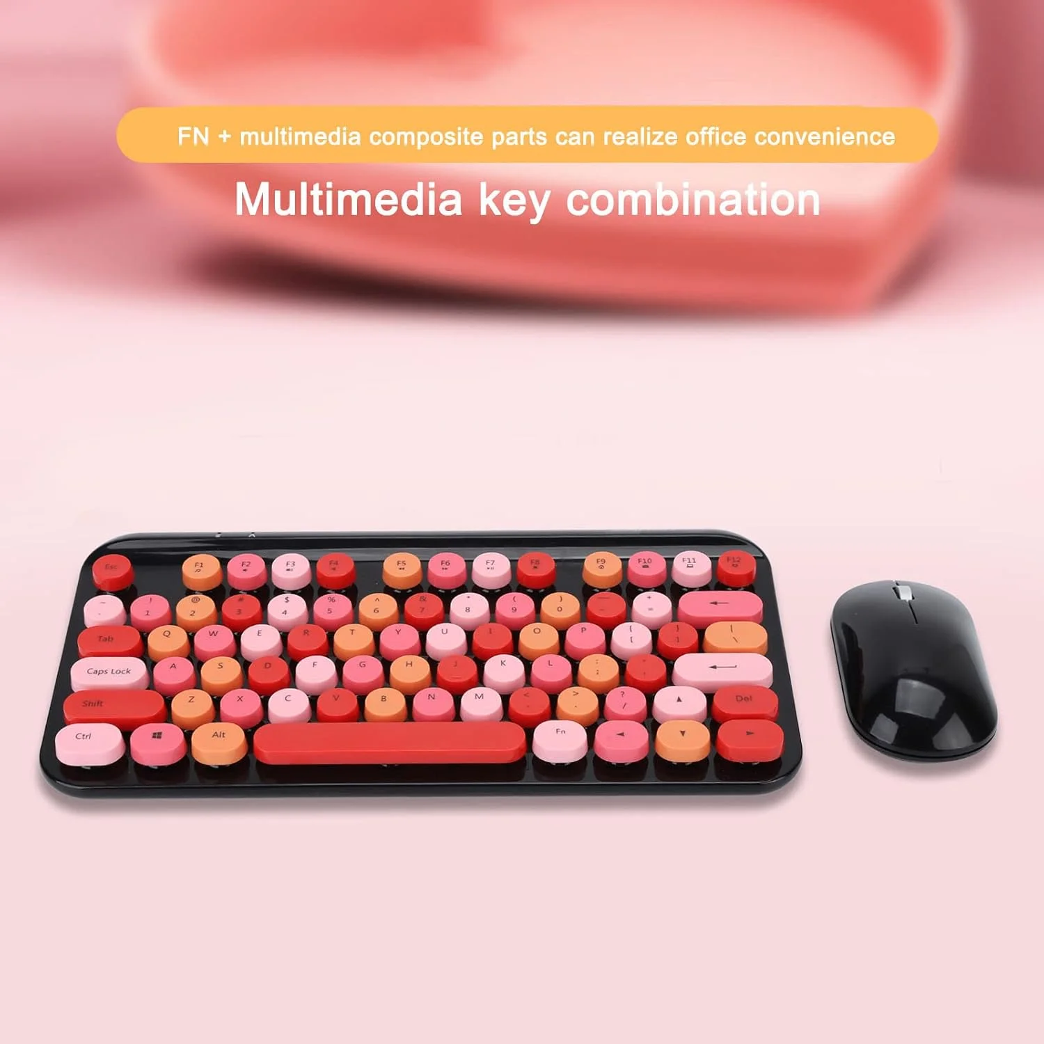 ست کیبورد و ماوس بی سیم جمع و جور Bewinner، 75 کلید ماشین تحریر رترو، کیبورد انعطاف پذیر با کلیدهای گرد، ست ماوس و کیبورد USB 2.4G رنگی ترکیبی زیبا برای لپ تاپ، کامپیوتر (قرمز مشکی)