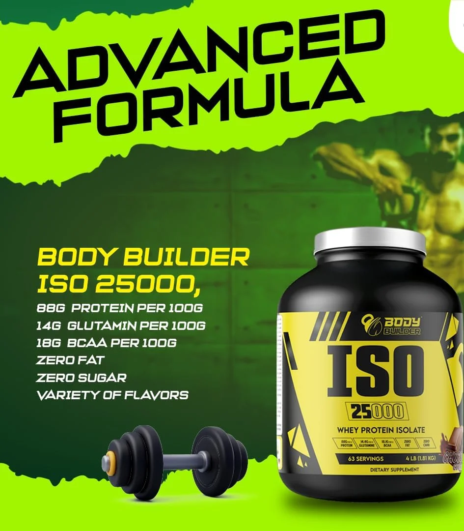 پودر پروتئین وی ایزوله Body Builder ISO 25000 (4 پوند) - 88% پروتئین - بدون شکر، کربوهیدرات و چربی - حاوی 18% BCAA و 14% گلوتامین - (شکلات بادام زمینی، 4 پوند)