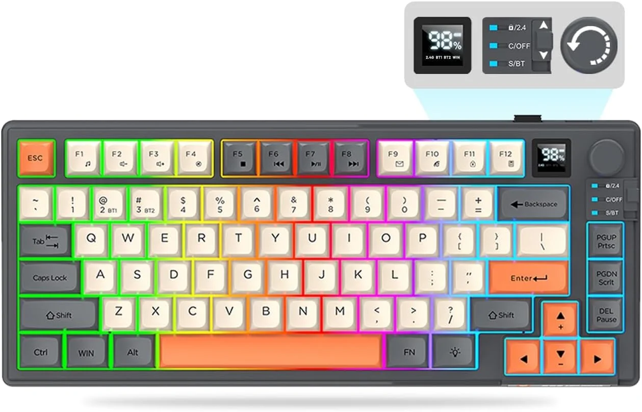 کیبورد مکانیکی، کیبورد گیمینگ بی سیم 75% با نمایشگر و دکمه تنظیم صدا، BT/2.4G/USB-C، RGB با کلیدهای PBT، باتری 2000mAh، پشتیبانی نرم افزاری برای لپ تاپ ویندوز (مشکی)
