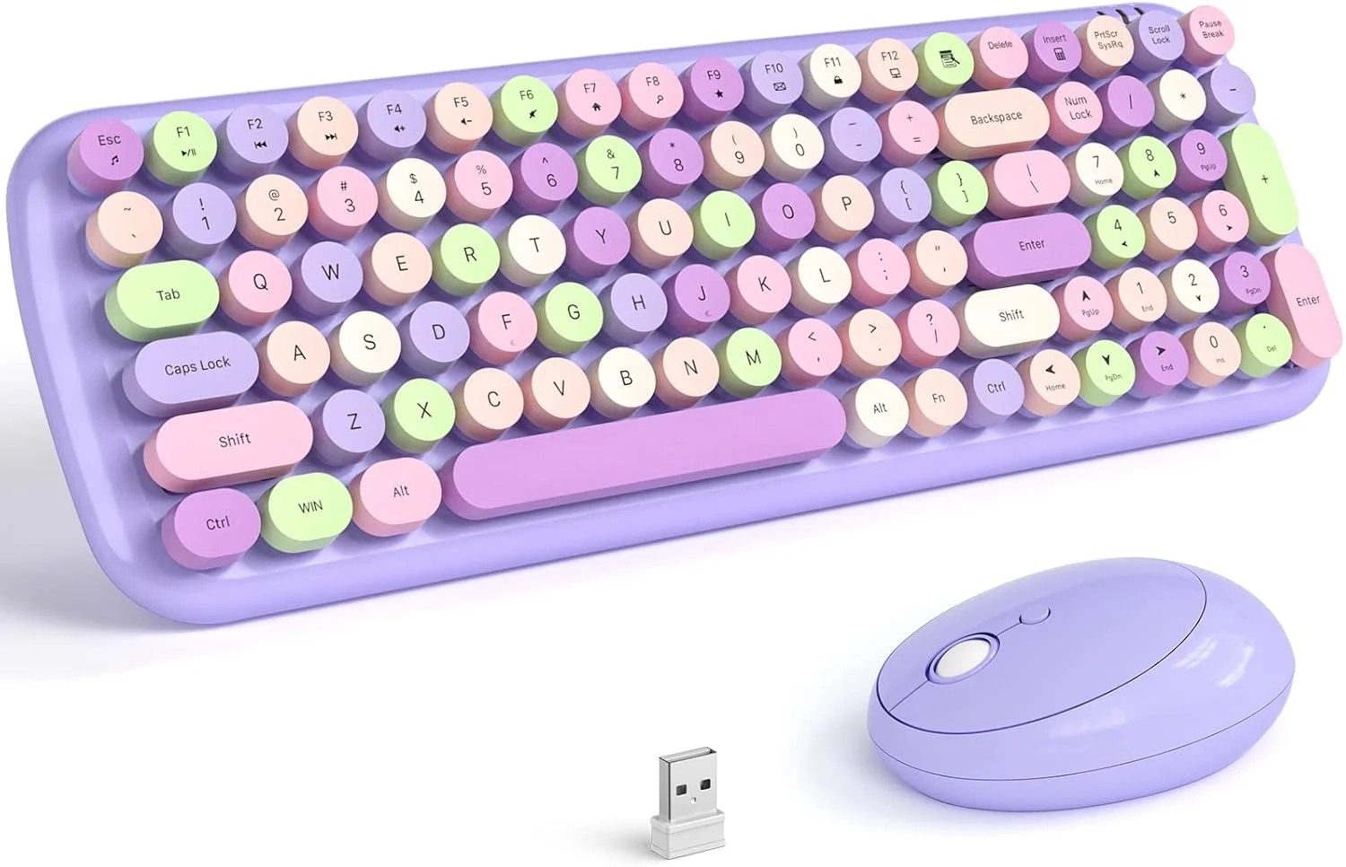 کیبورد و ماوس بی سیم MOFII، کیبورد ماشین تحریر سایز کامل با صفحه کلید اعداد و ماوس متصل USB 2 در 1 برای مک، ویندوز 7/8/10، لپ تاپ، دسکتاپ، کامپیوتر (بنفش رنگارنگ)