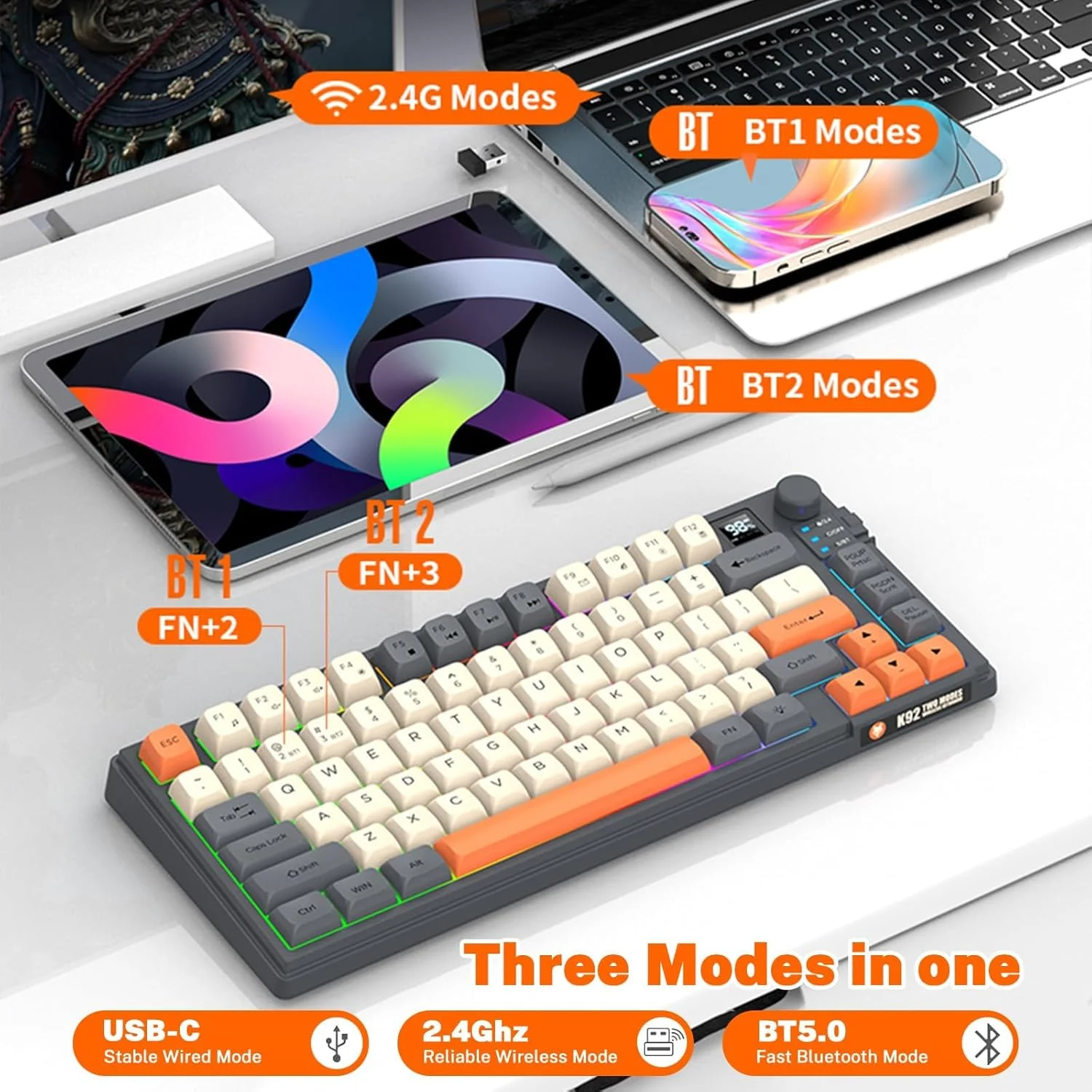 کیبورد مکانیکی، کیبورد گیمینگ بی سیم 75% با نمایشگر و دکمه تنظیم صدا، BT/2.4G/USB-C، RGB با کلیدهای PBT، باتری 2000mAh، پشتیبانی نرم افزاری برای لپ تاپ ویندوز (مشکی)